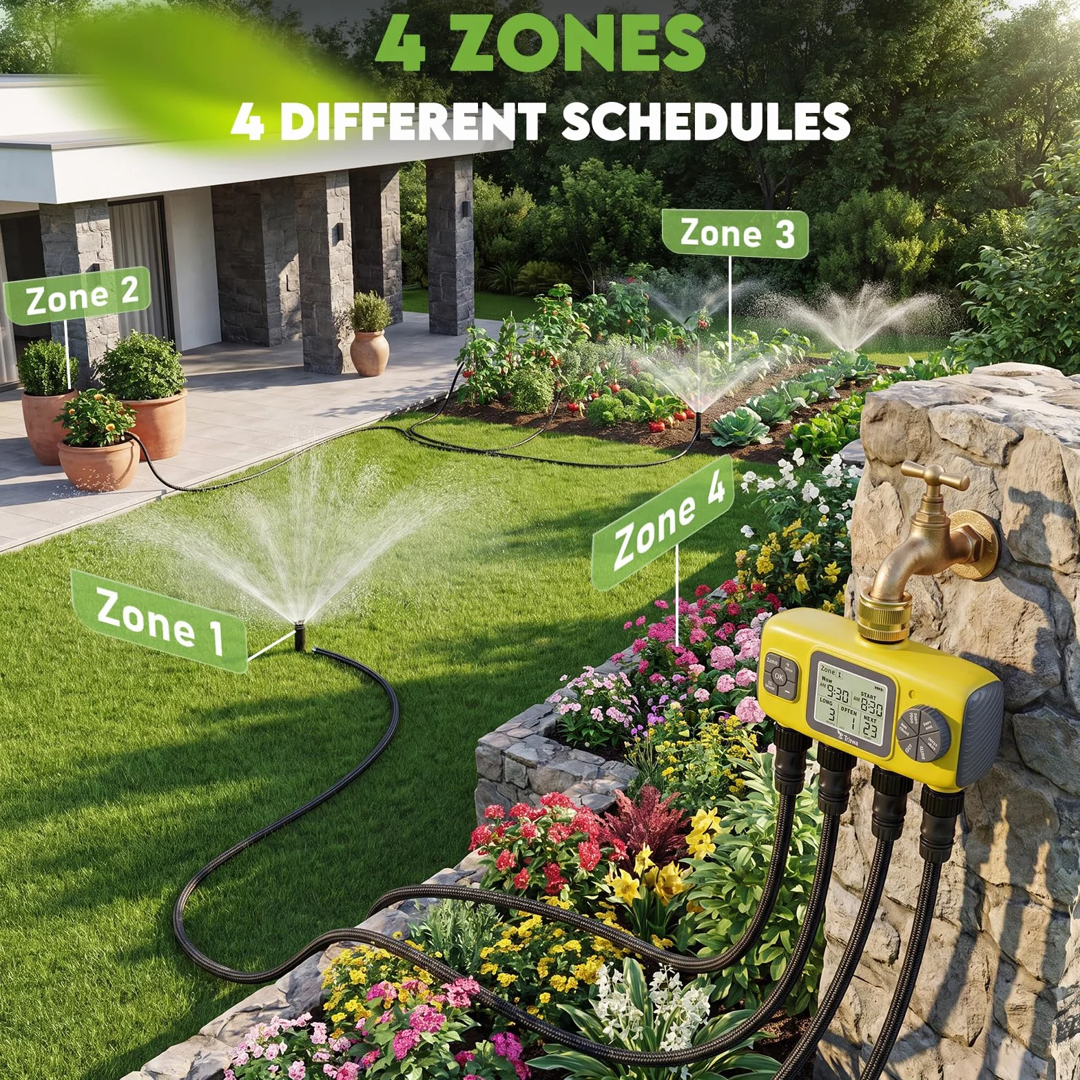 Programador Riego Automático 4 Entradas de Agua, Controlador de Latón con Pantalla LCD, IP65 Impermeable