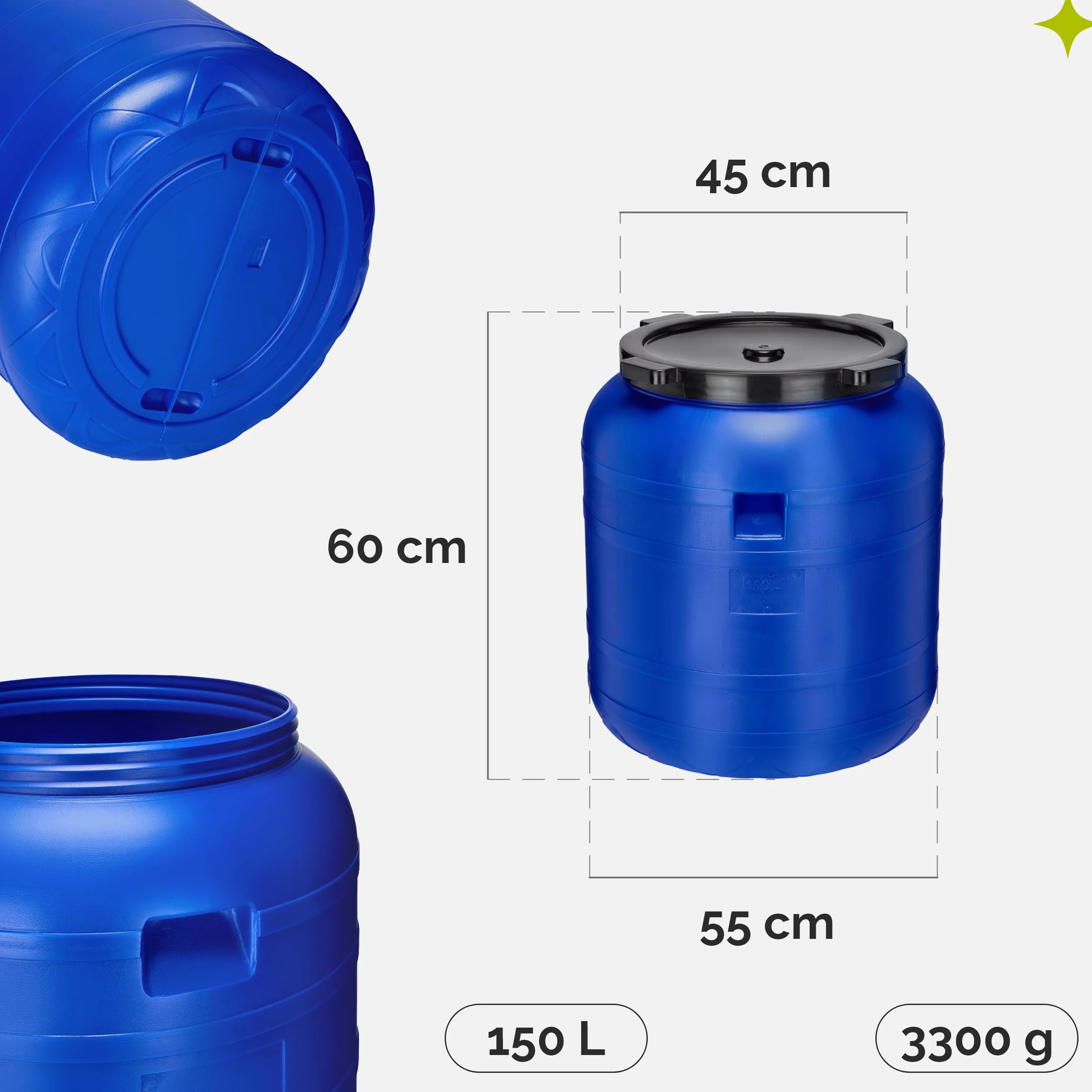 Garronda Barril de Boca Ancha 150 litros BPA-Libre, Universal para Alimentos, Agua de Lluvia con Tapa, Azul