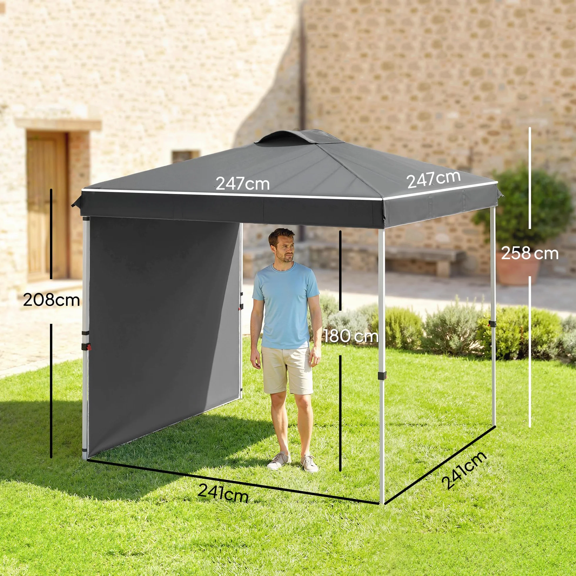Outsunny Carpa Plegable 2,5x2,5 m Cenador de Jardín con 1 Pared Lateral Altura Ajustable en 3 Niveles Anti-UV Impermeable y Bolsa de Arena Gazebo para Exterior Camping Fiestas Gris Oscuro
