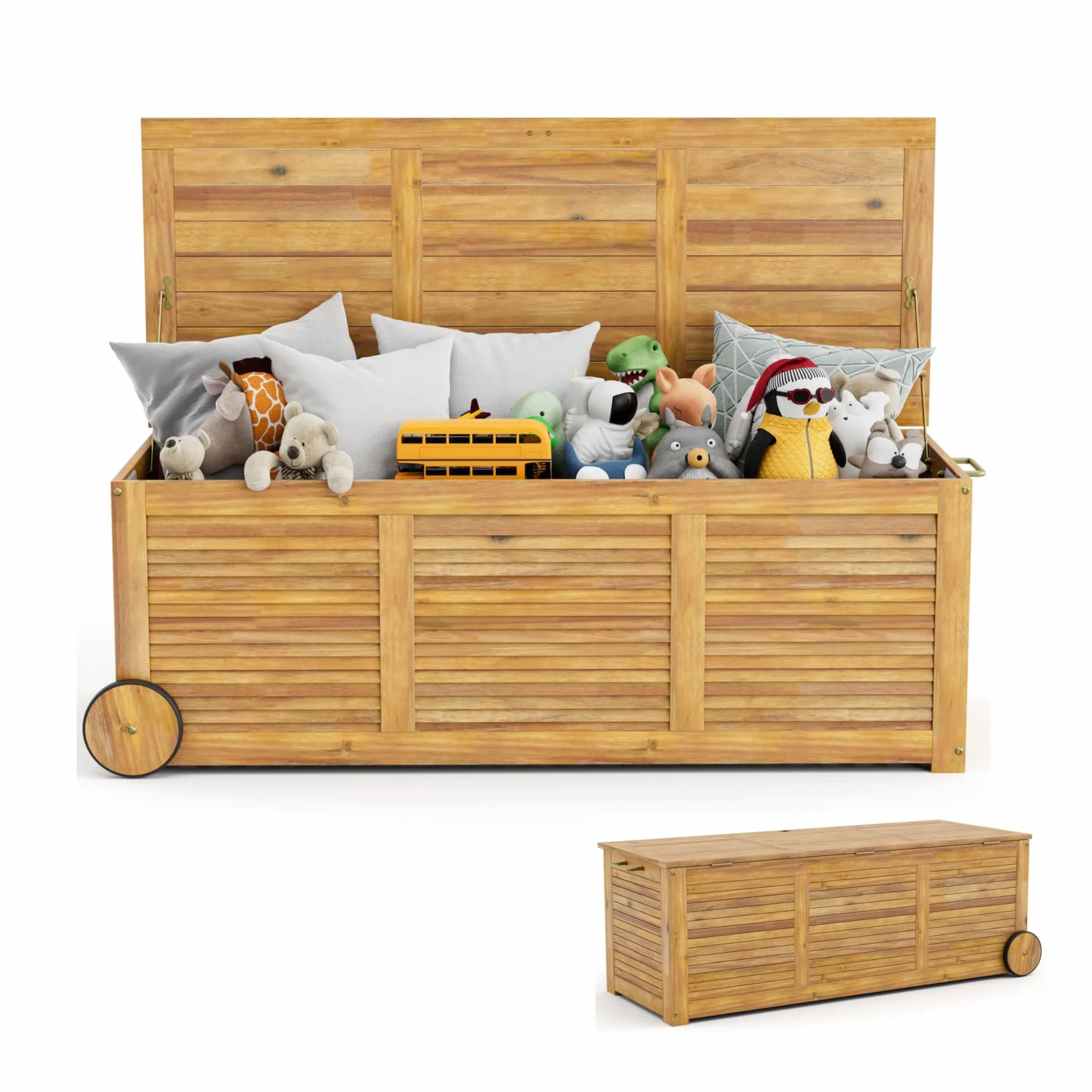 GOPLUS Caja de almacenamiento exterior 182L rodante madera de acacia con ruedas asa lateral impermeable