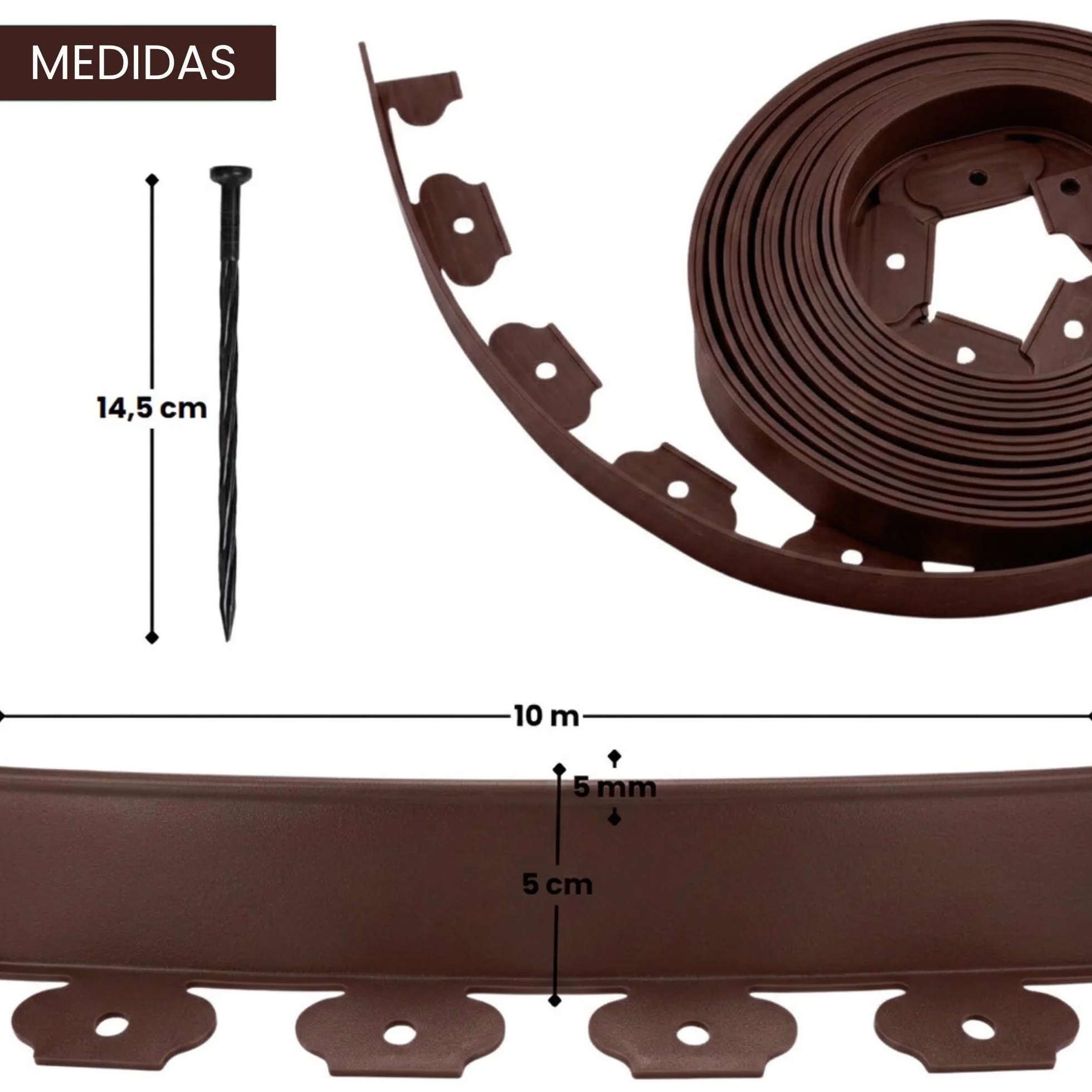 Bordura Jardín Exterior 10 m Flexible Borde Plástico Resistente 5 mm con 30 Piquetas Marrón