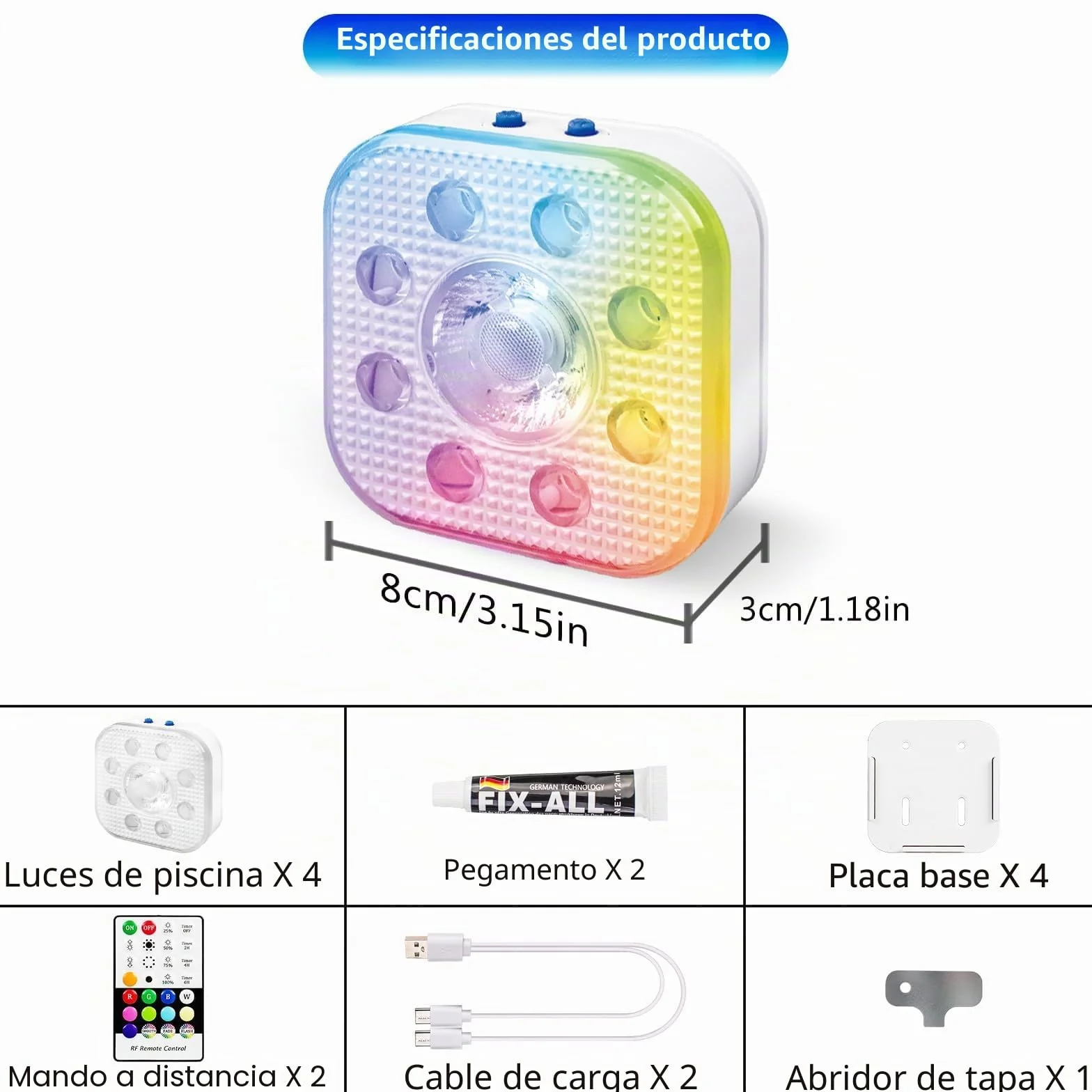 Pack de 4 Luces Piscina Sumergibles LED Recargable IP68 16 Modos Color Control Remoto Imanes