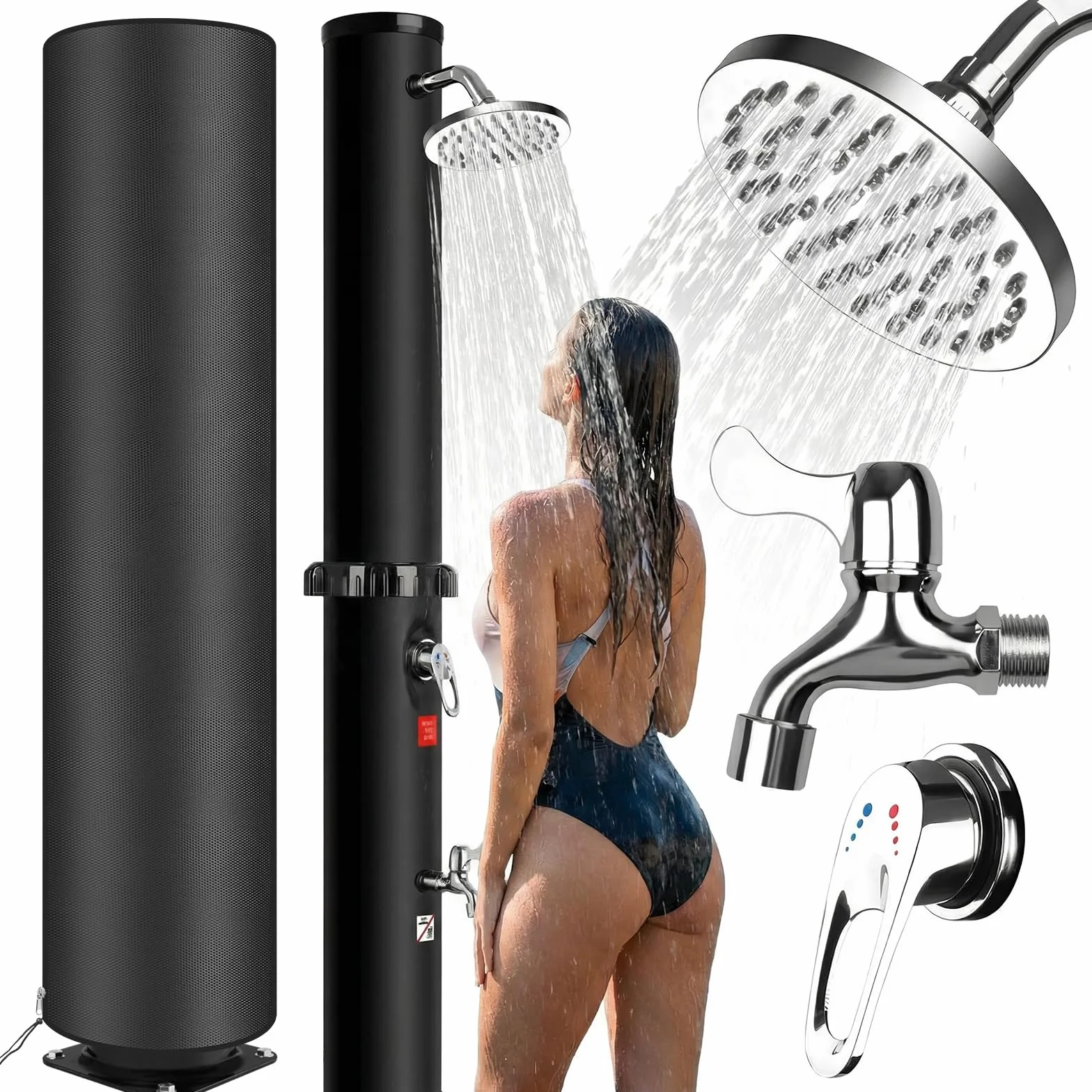 Ducha Solar 35 litros, Caliente y Frío, Máx. 60 °C, Sin Electricidad, Ducha de Jardín con Rociador Giratorio, Grifo de pie