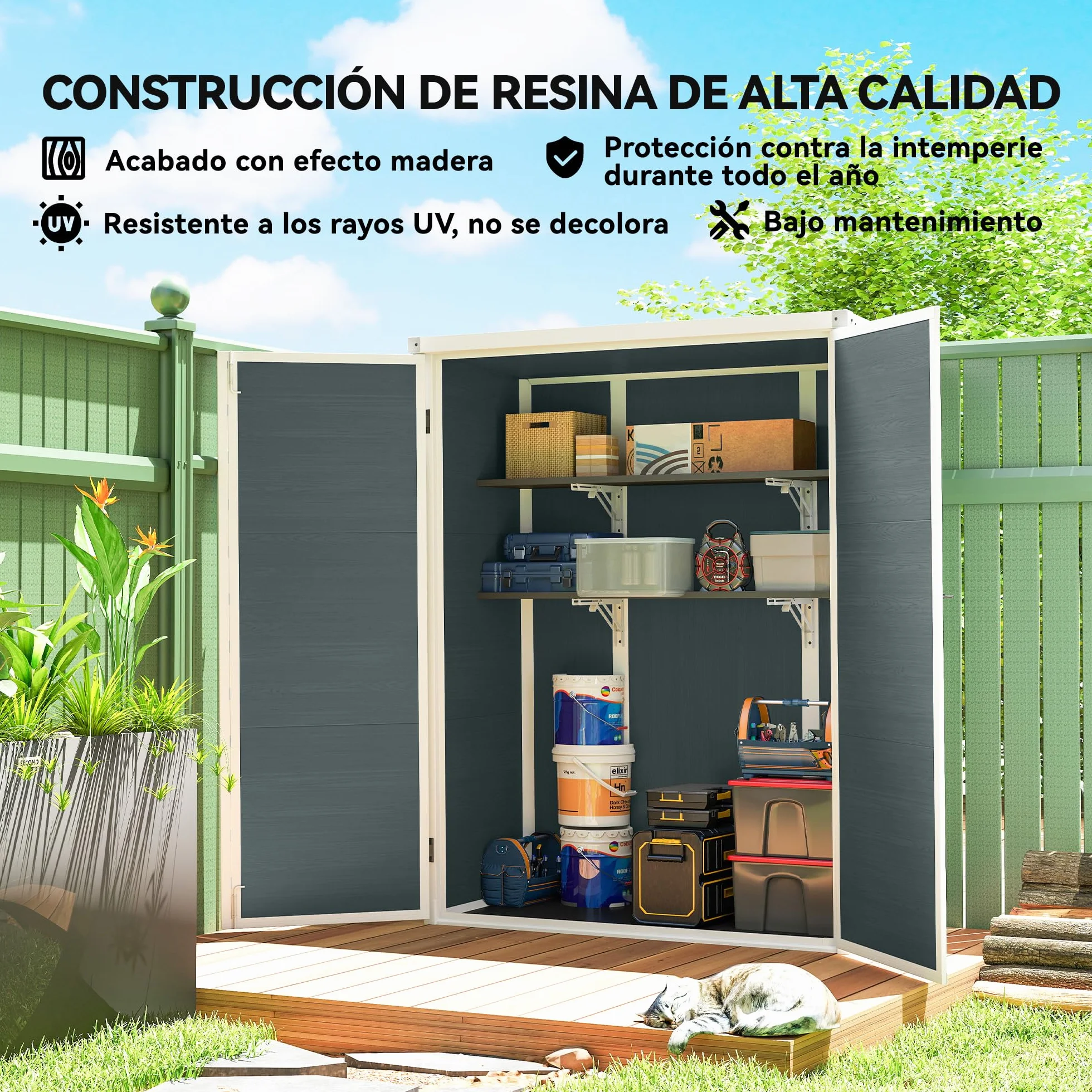 Outsunny Cobertizo de Jardín Exterior 0,81 m² Plástico y Aluminio 2 Estantes Plegables Puertas Dobles Gris