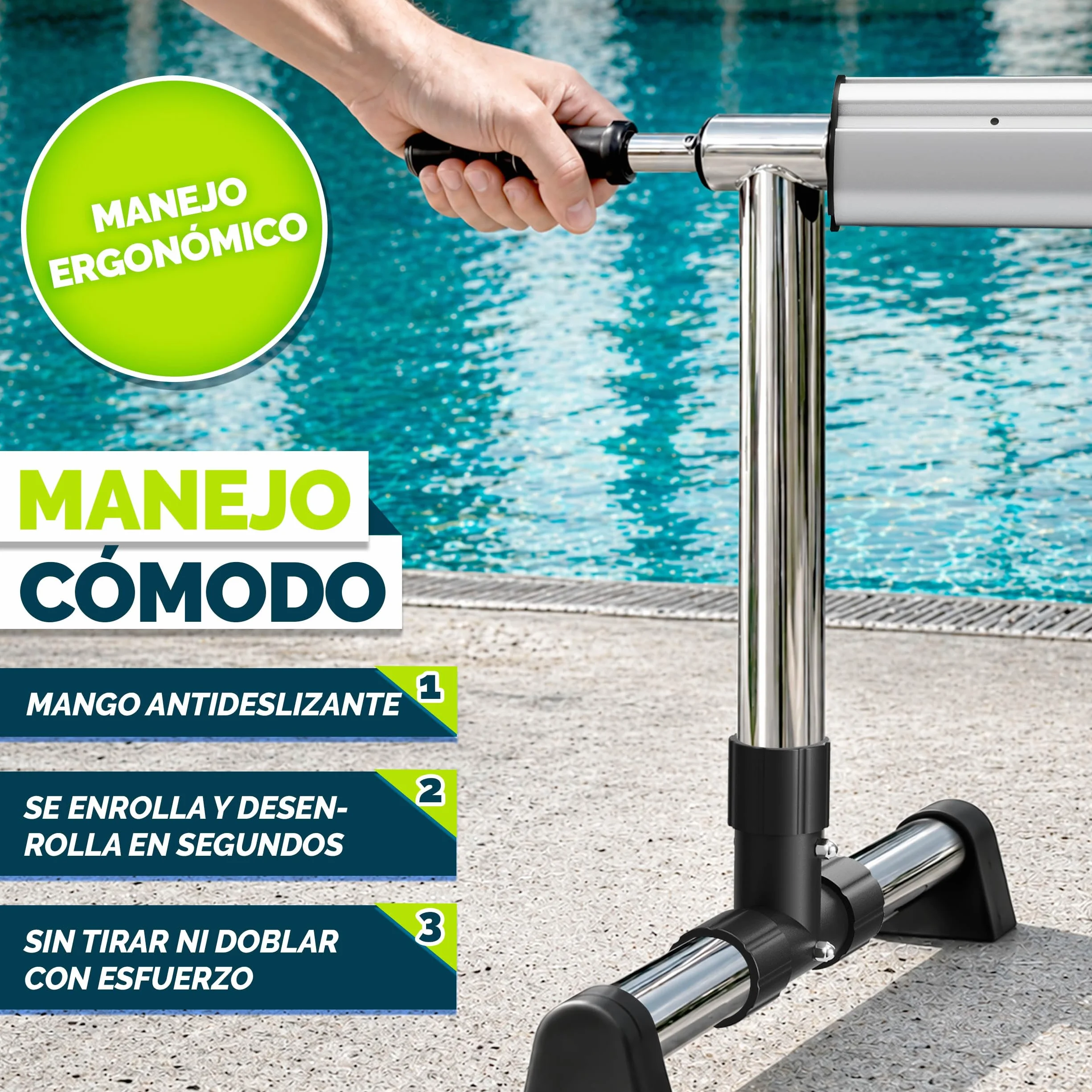 Tillvex Enrollador de Cubiertas para Piscinas 3-5,70 m con Neumáticos de Caucho Macizo y Termómetro