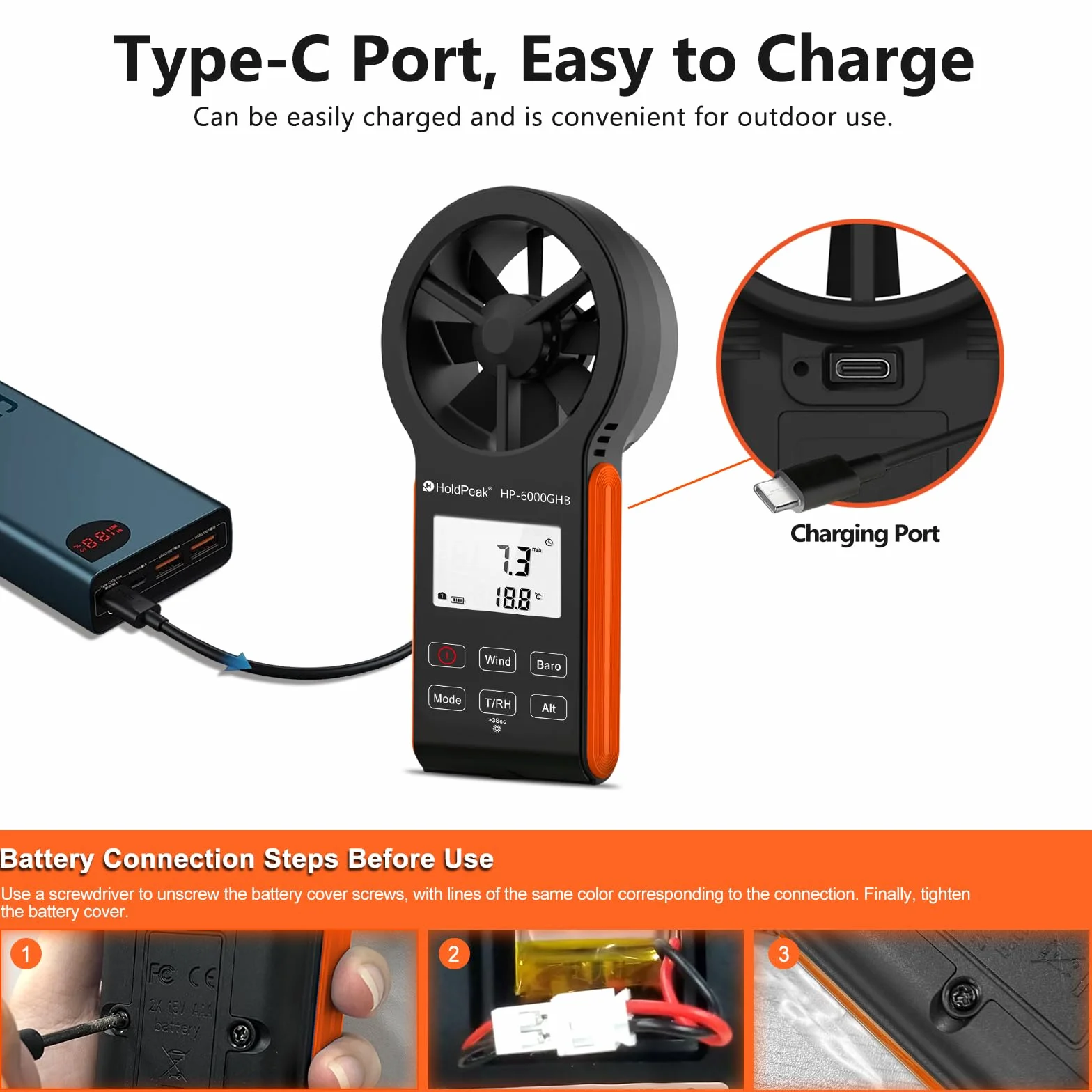 HOLDPEAK HP-6000GHB Anemómetro digital medidor velocidad viento flujo aire temperatura Max/min retroiluminación USB-C resistente agua