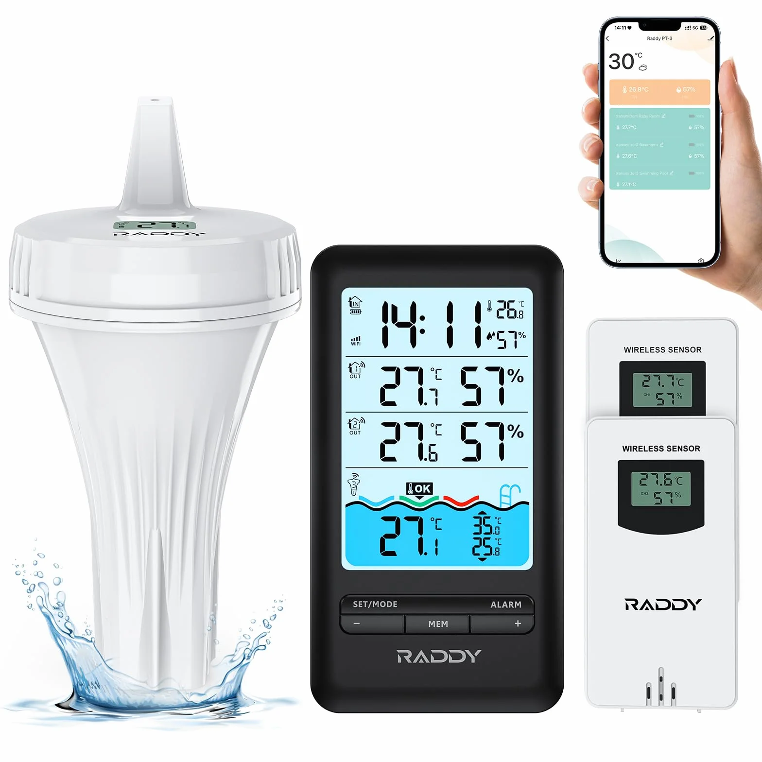 Raddy PT-3 Termómetro para piscina Wi-Fi flotante con monitoreo remoto APP y 2 sensores adicionales