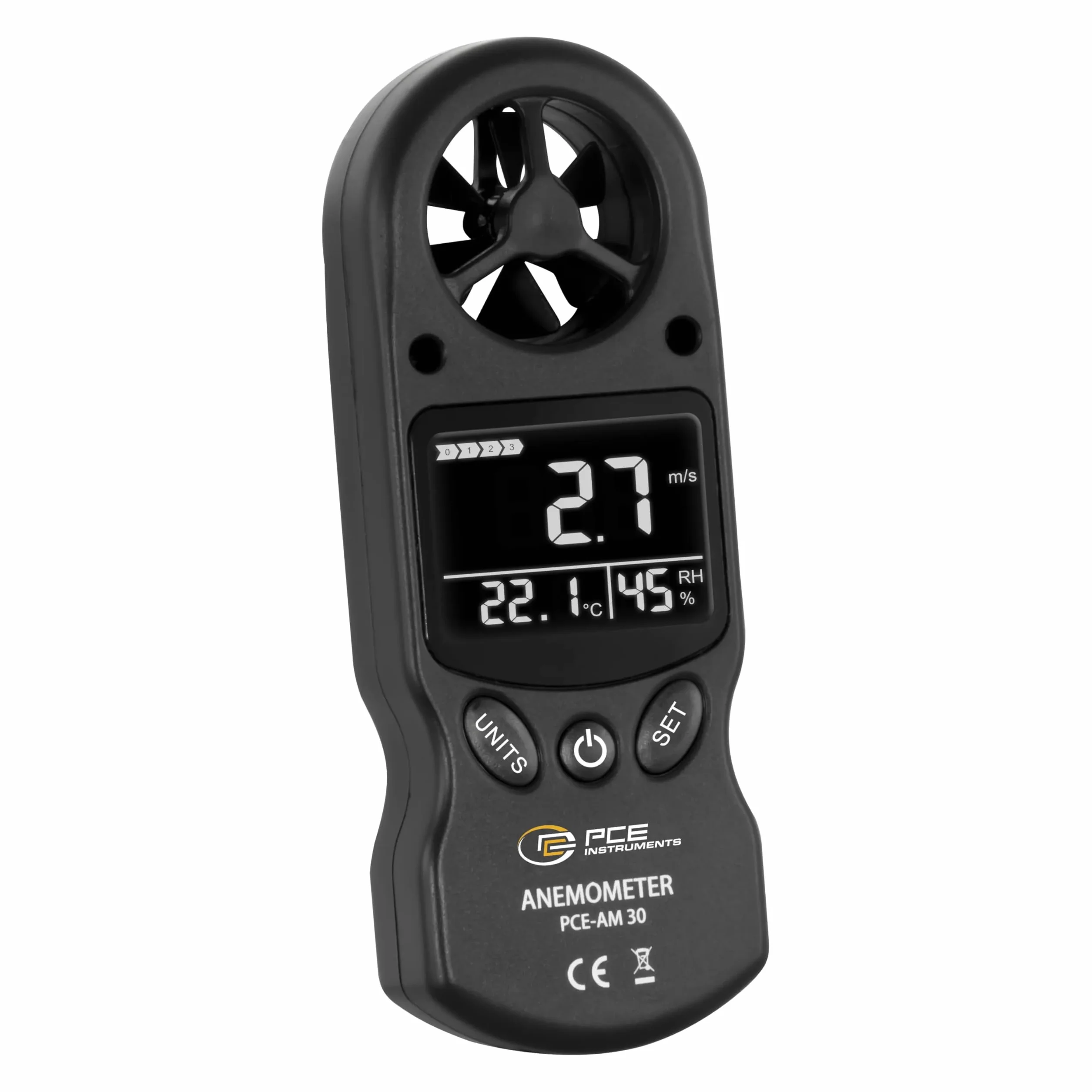 Anemómetro PCE-AM 30 Rango 30 m/s Medición temperatura humedad aire m/s km/h kn mph ft/min MIN MAX HOLD AVG