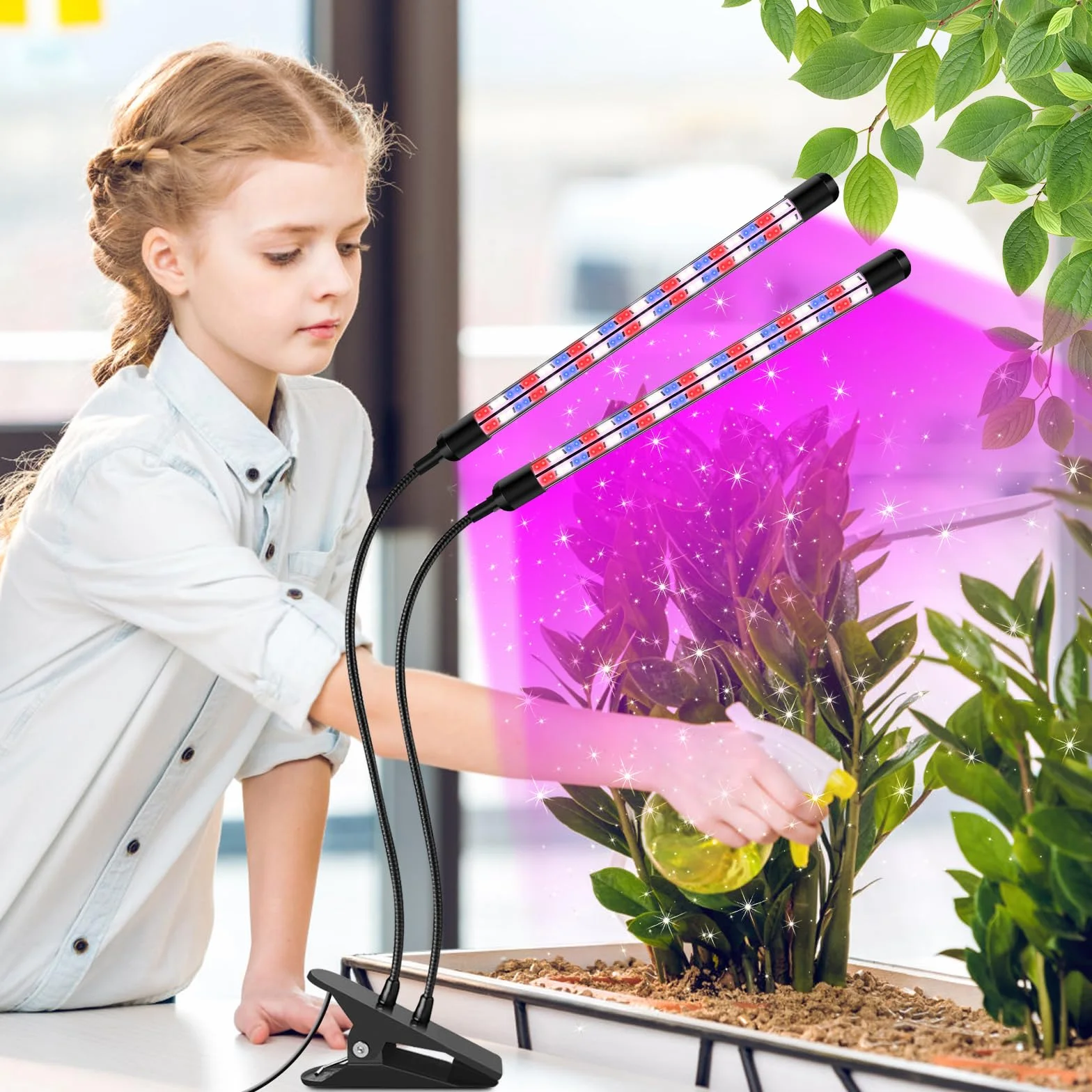 Lámpara para plantas 2 cabezales, luz crecimiento espectro completo interior, temporizador 6/12/18h Rojo+Azul