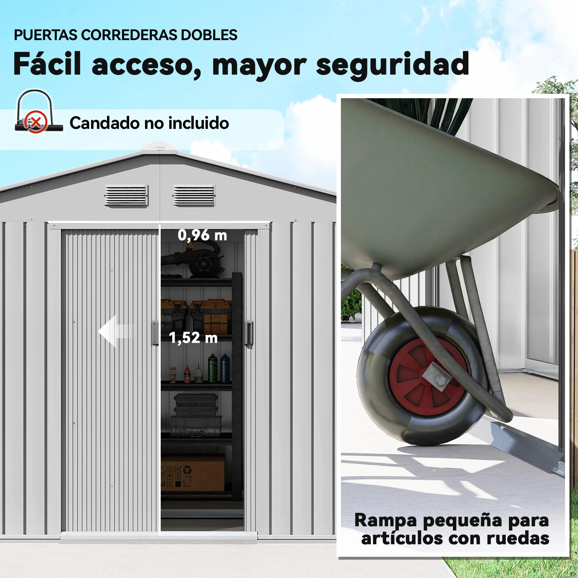 Outsunny Caseta de Jardín Exterior 4,9 m², 277x195x192 cm, Cobertizo Metálico con Puerta Corredera y Ventilación