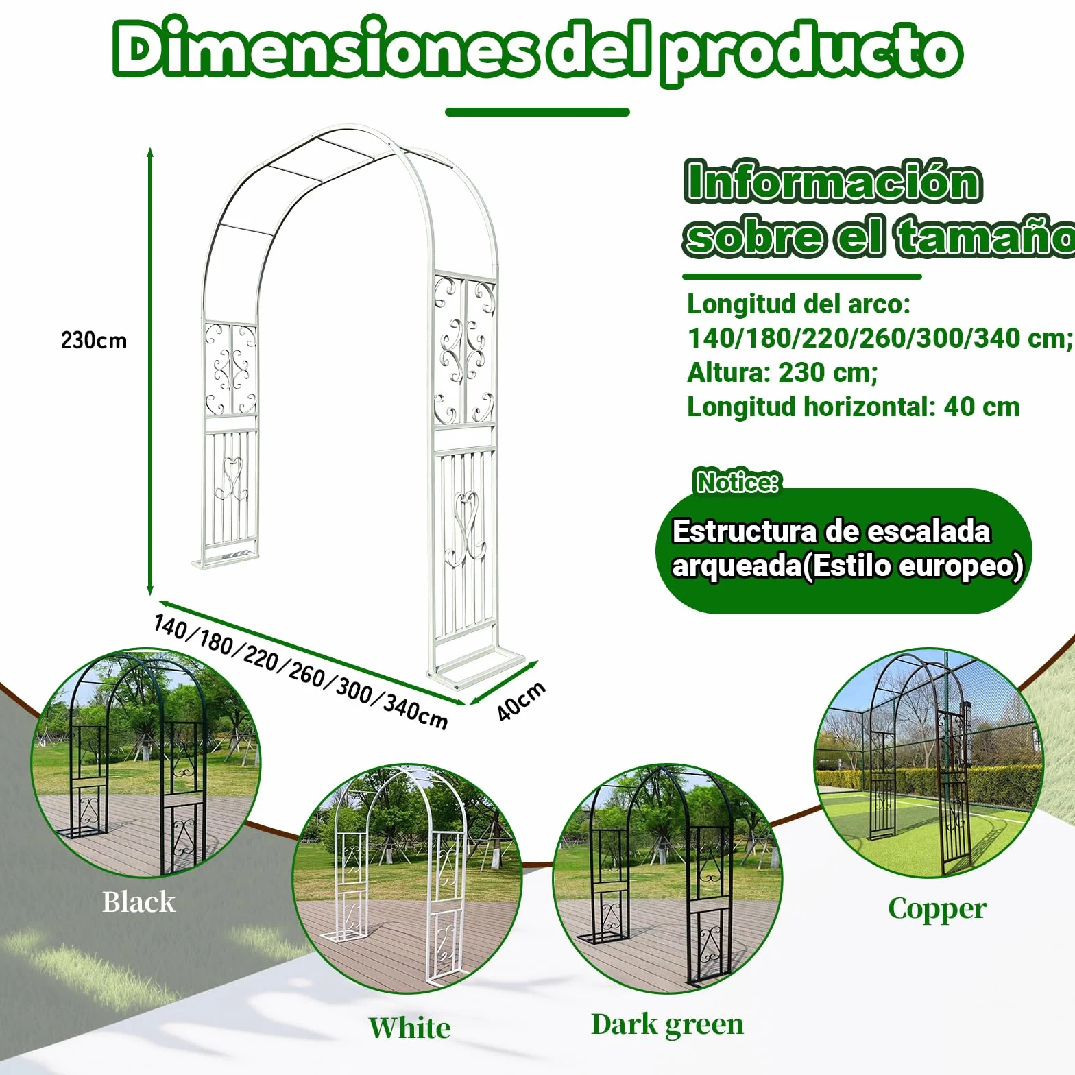 Arco de Rosas de Metal Estable 340x40x230cm para Plantas Trepadoras Jardín