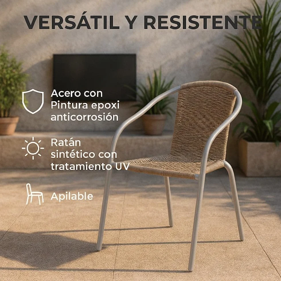 MONTY Conjunto Jardín Exterior Mesa Cristal Templado Ø60cm 2 Sillones Ratan Beige Apilables