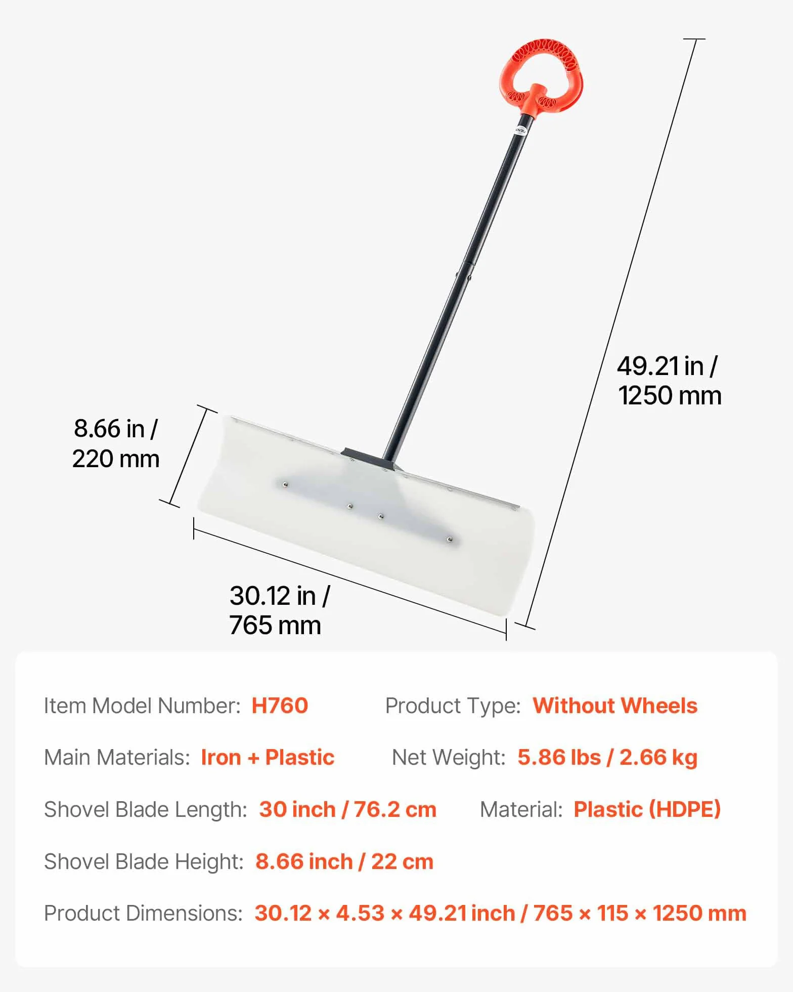 VEVOR Pala Quitanieves 76,2 cm HDPE Mango Segmentado Borde Metálico