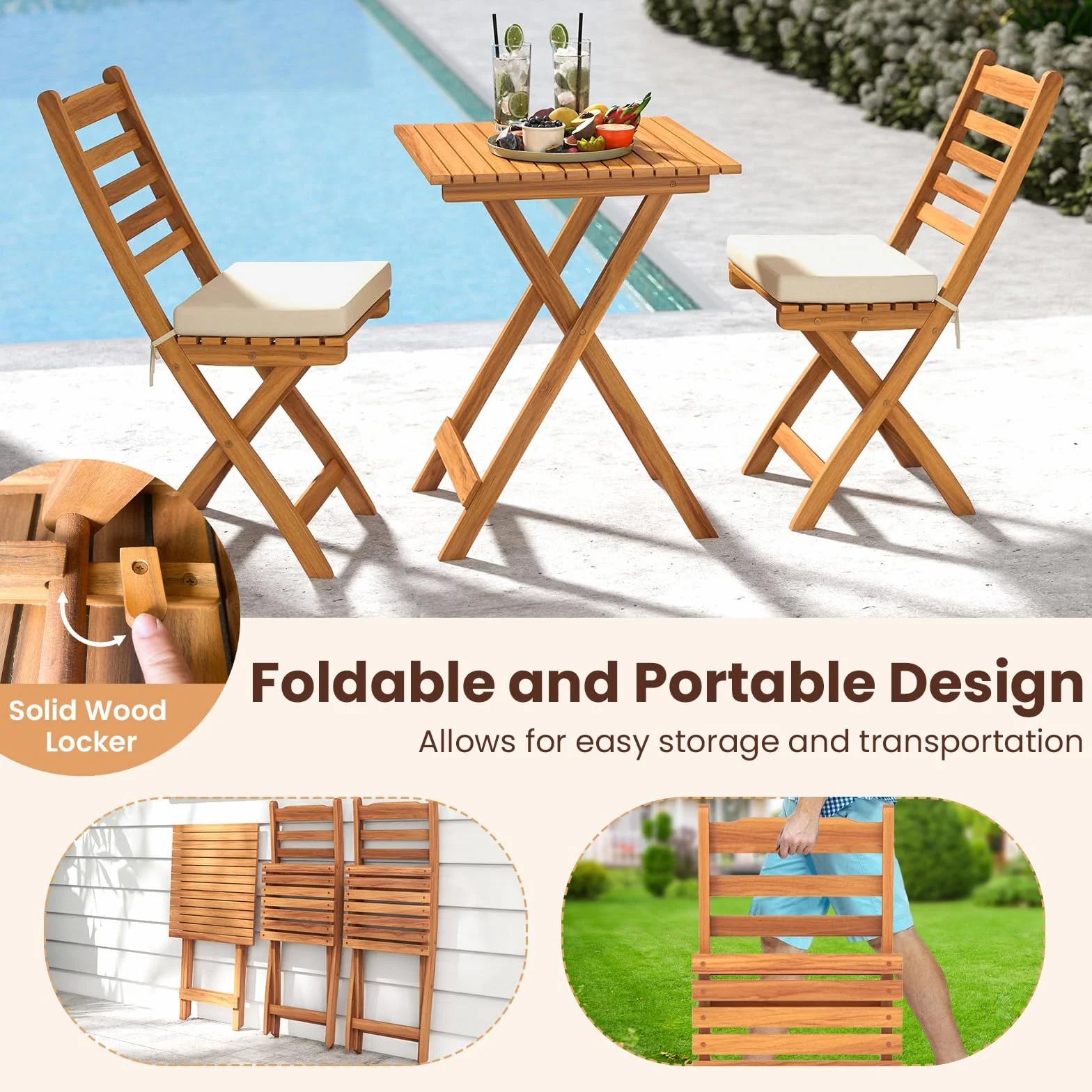 KOMFOTTEU Juego de Bistro 3 Piezas Plegables, Mesa y 2 Sillas de Madera de Acacia para Jardín