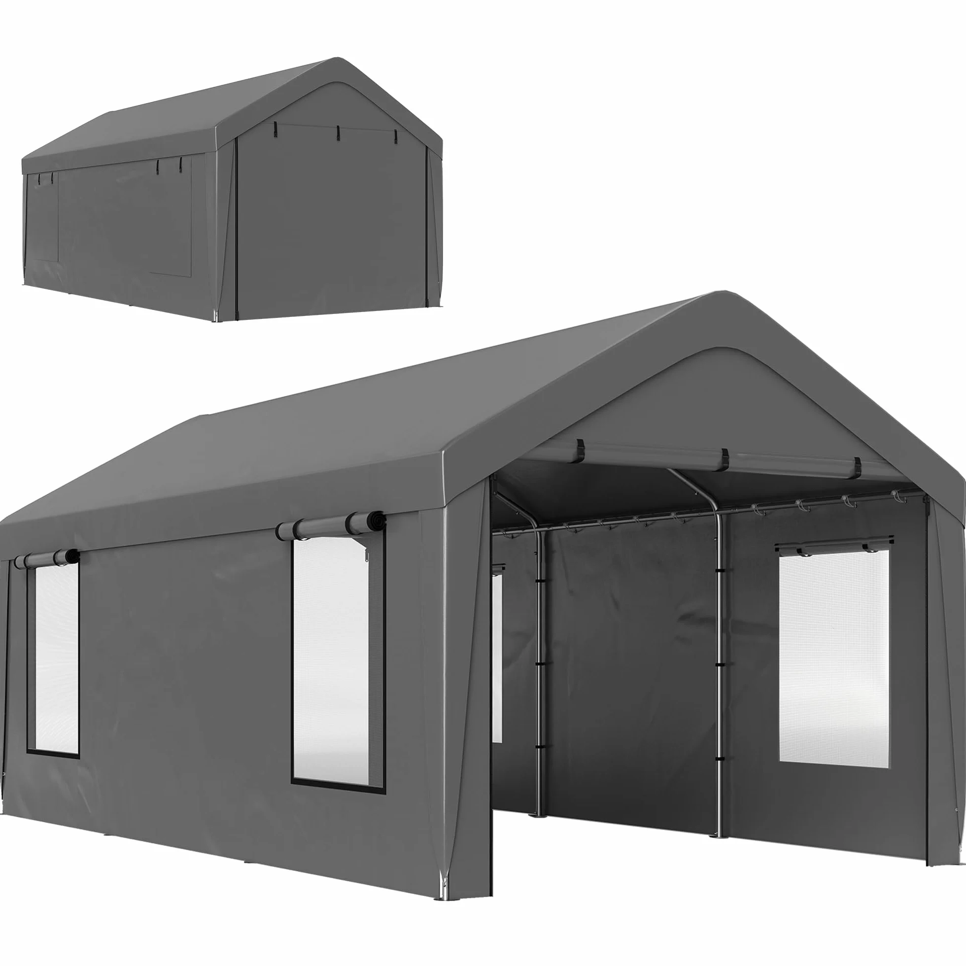 Outsunny Carport Cobertizo para coche 3x6 m 2 puertas enrollables 4 ventanas gris oscuro