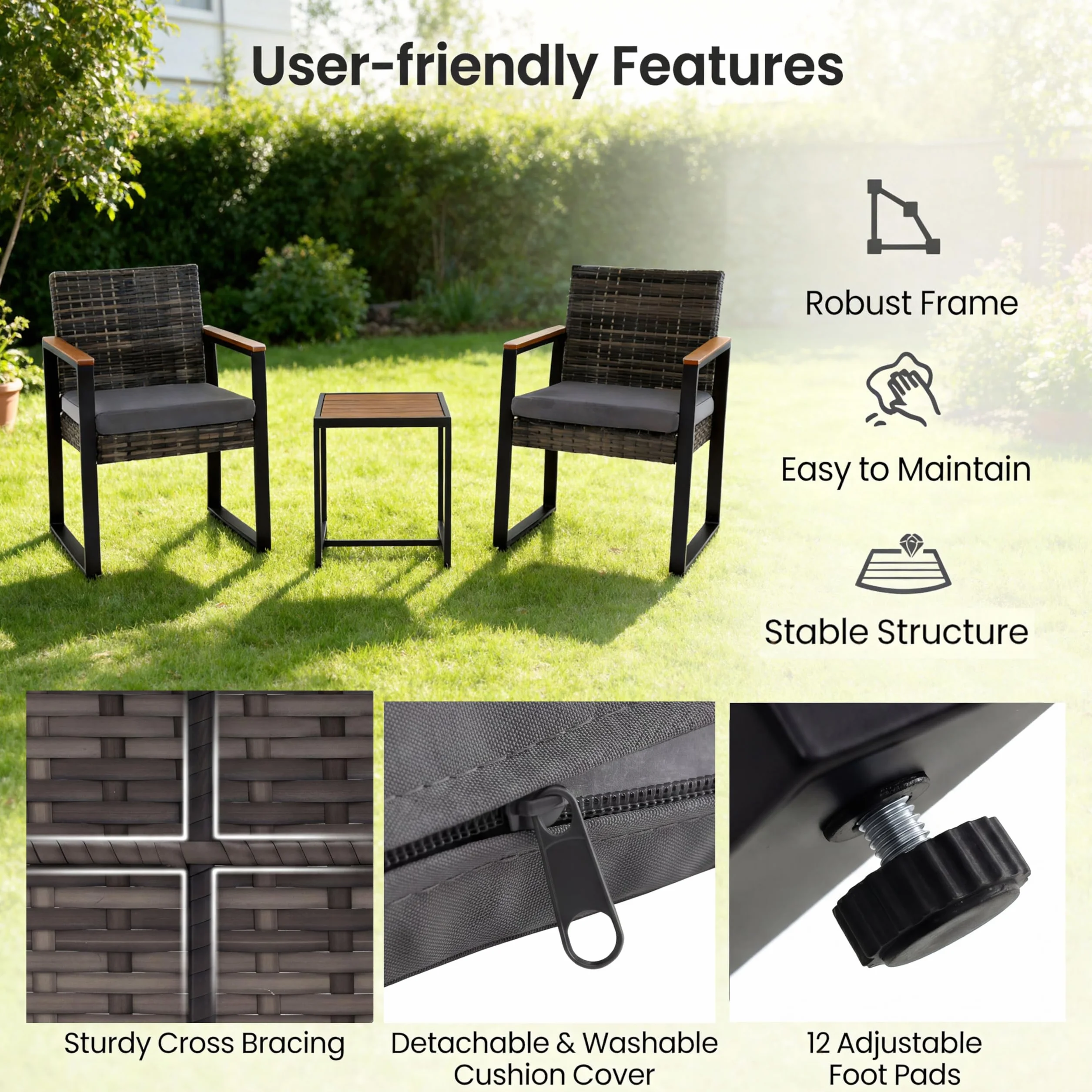 LIFEZEAL Set de 3 Piezas Muebles de Ratán PE, Mesa y Sillas Exterior, Cojines y Patas Ajustables Gris