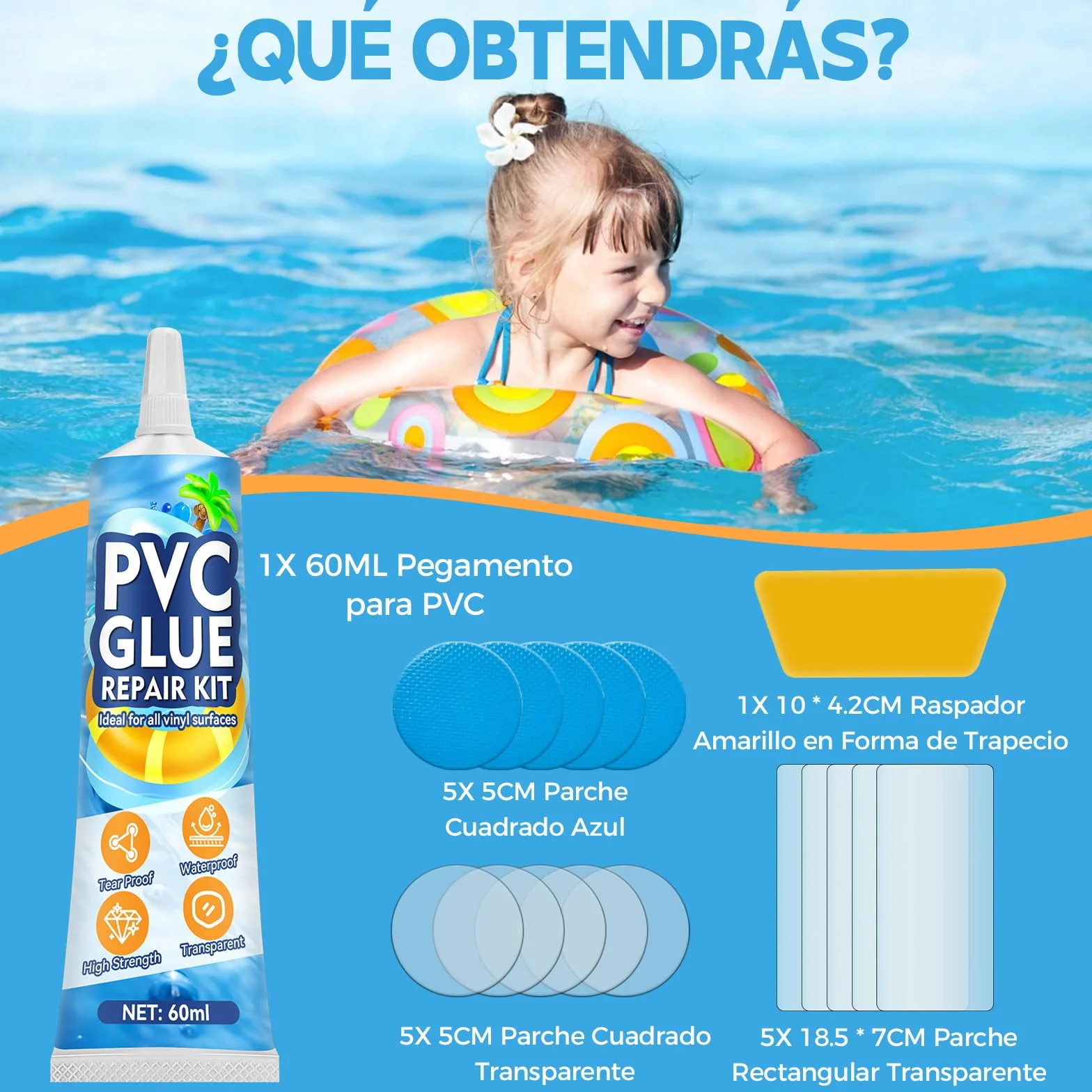 Parche Piscina con Pegamento PVC 60ml Kit Pinchazos Transparente Impermeable