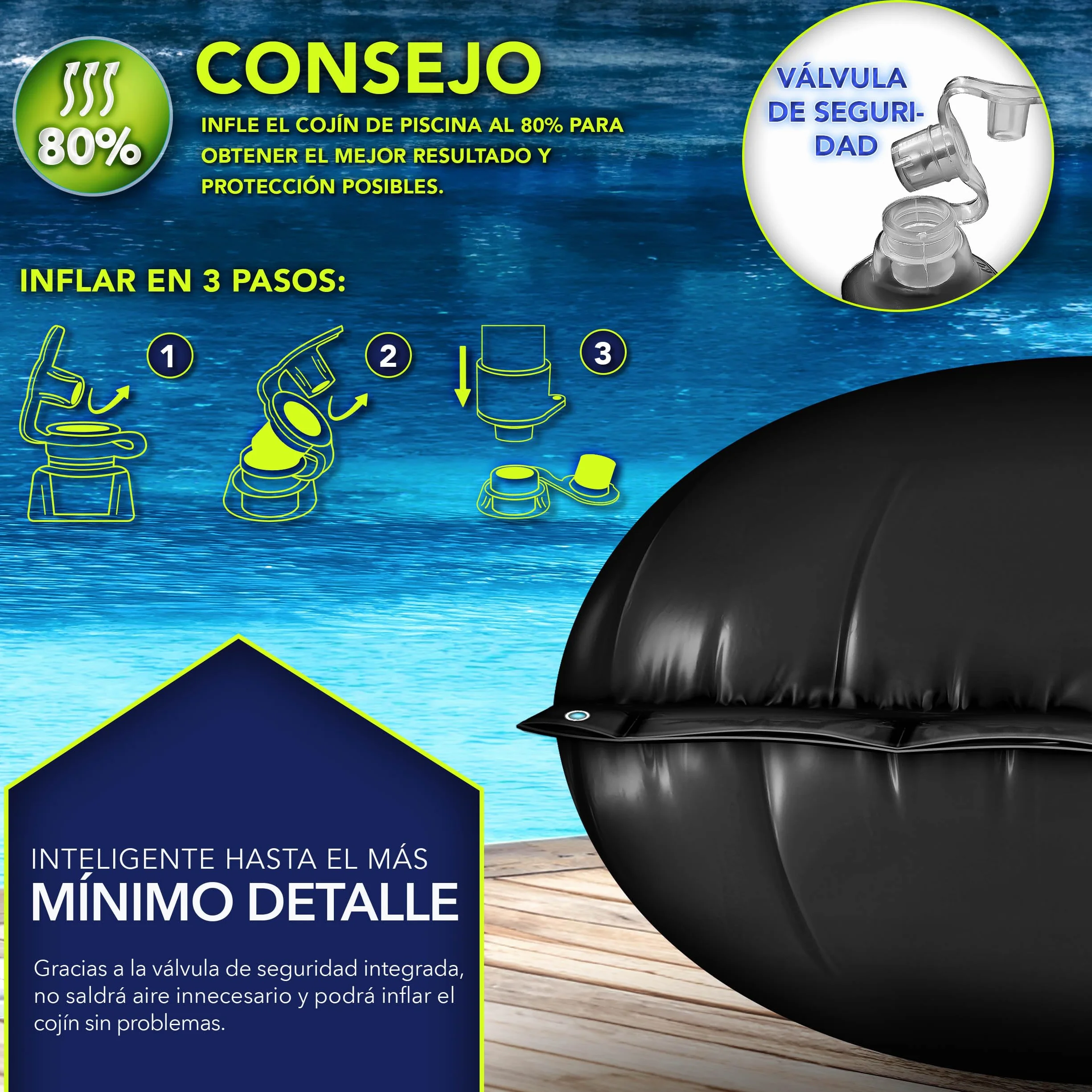 Tillvex Cojín de Piscina de Invierno XXL 500 cm Negro con Kit de Reparación, Válvula de Seguridad y Doble Costura