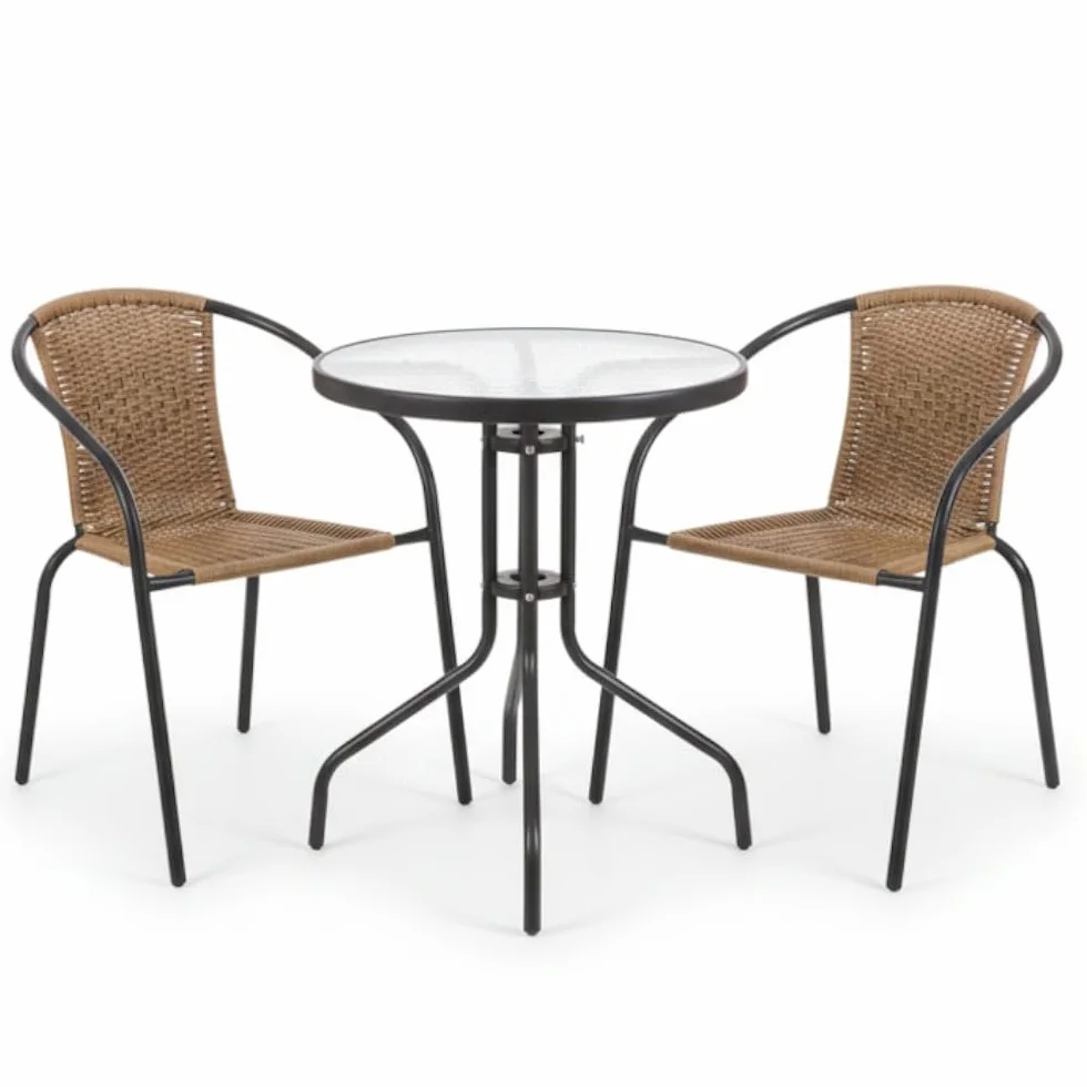 LOLAhome Conjunto Jardín Exterior Mesa y 2 Sillas Cristal Templado Ø60cm Ratan Natural Apilables