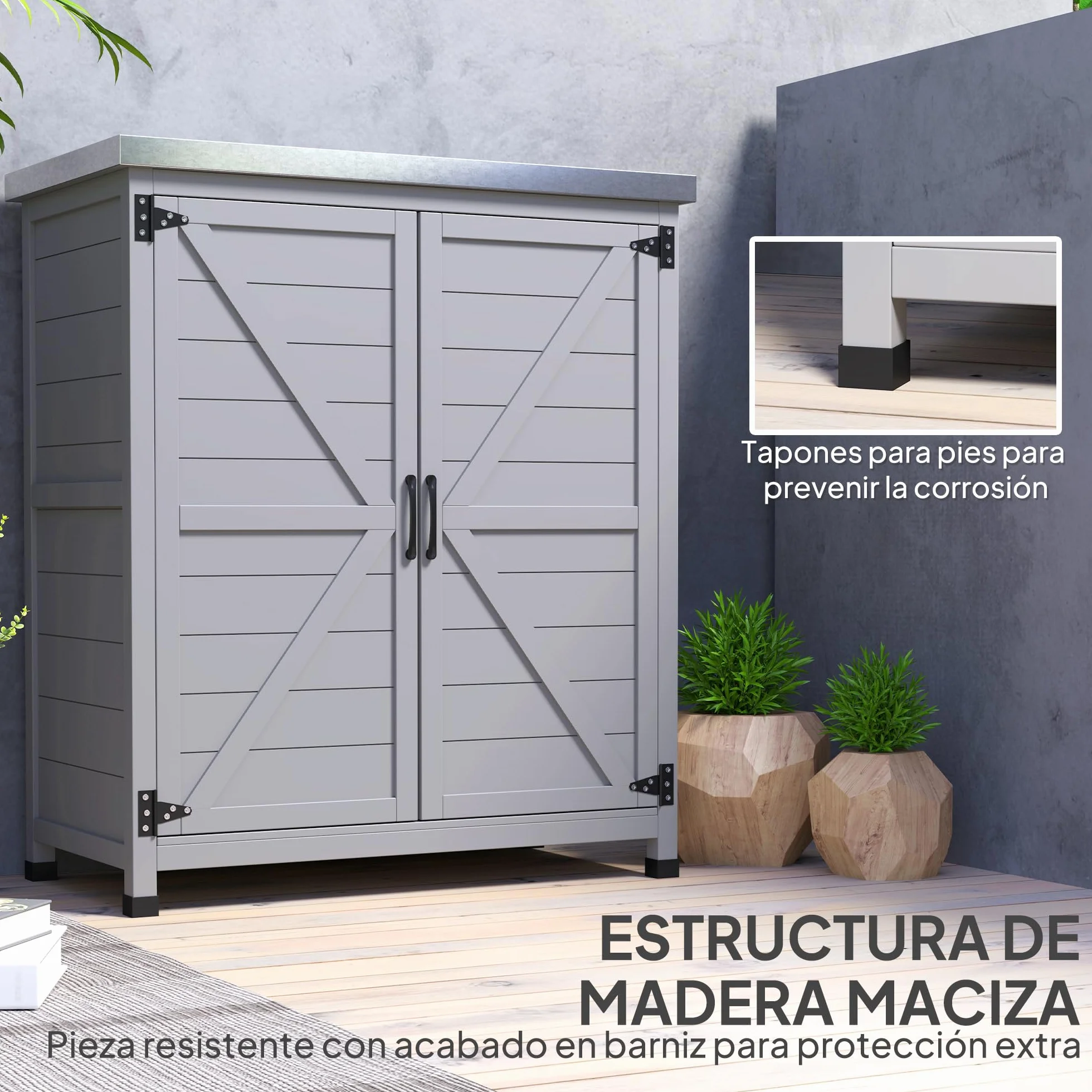 Outsunny Armario Exterior Madera Caseta Jardín Techo Acero Galvanizado 2 Puertas Almacenamiento Herramientas 79x43x92 cm Gris