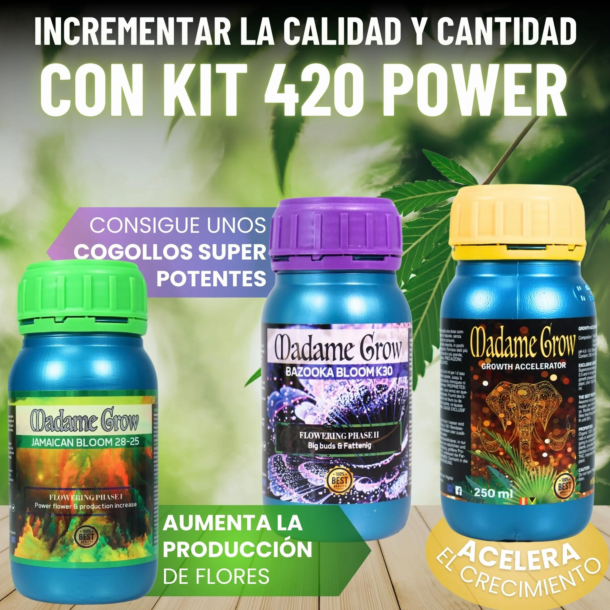 MADAME GROW Kit Power 3PACK 3 x 1 Litro | Pack Fertilizantes Crecimiento Floración y Engorde | Enraizante + PK Floración + Engordador K30 | Kit 3 Abonos Orgánicos