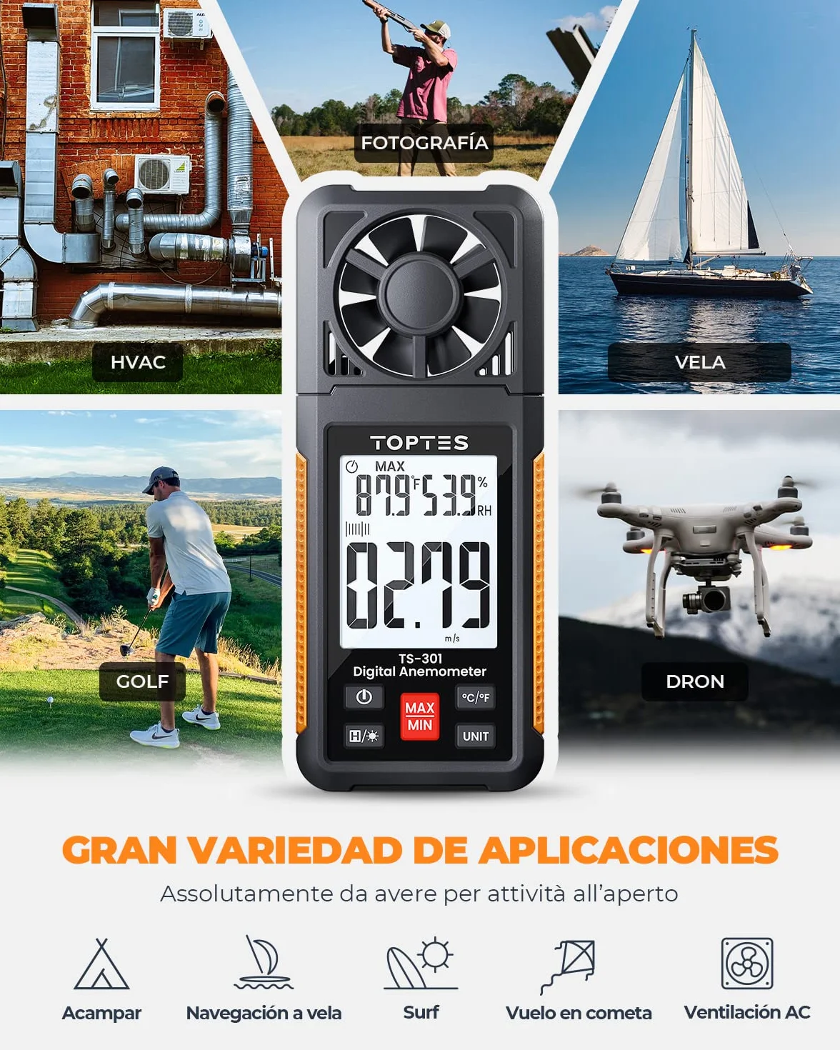 TopTes TS-301 Anemómetro Digital Pantalla LCD 2,26 pulgadas Medidor Velocidad Viento Naranja