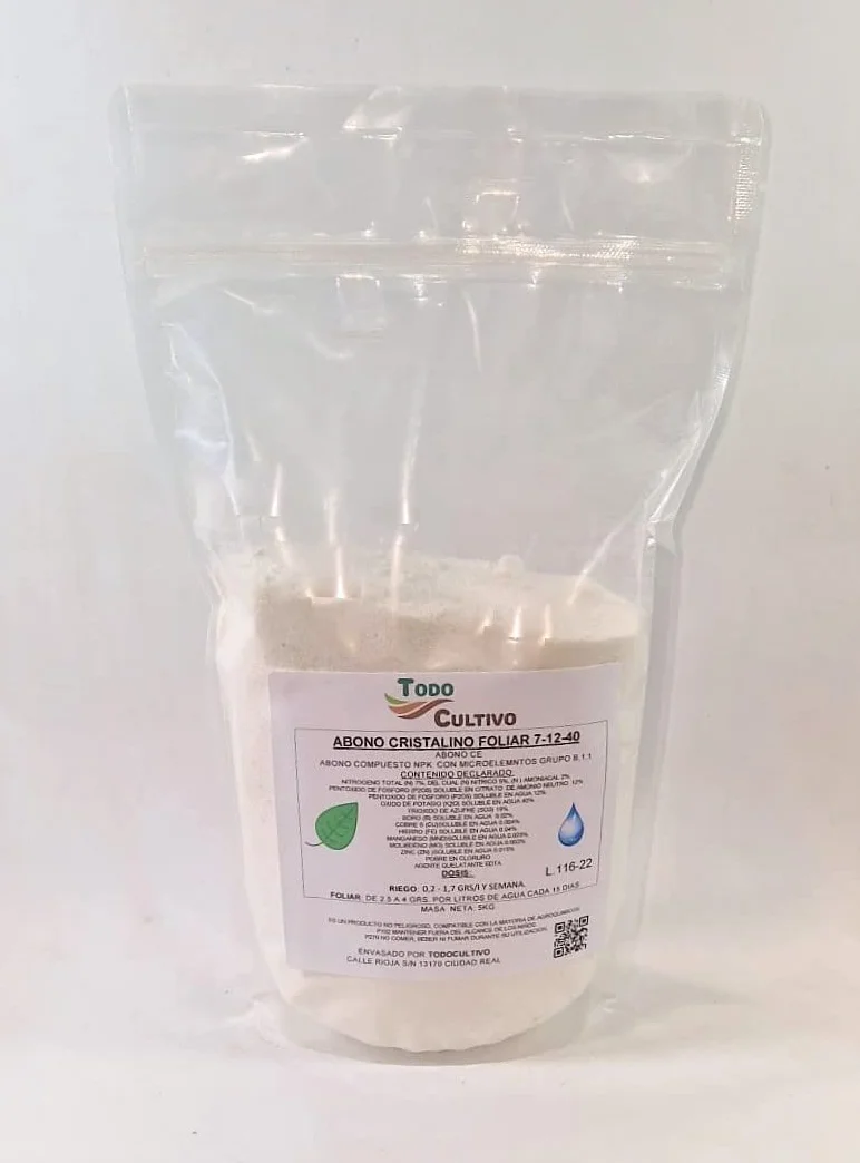 Abono foliar hidrosoluble NPK 7-12-40 5 kg microelementos fertirrigacion
