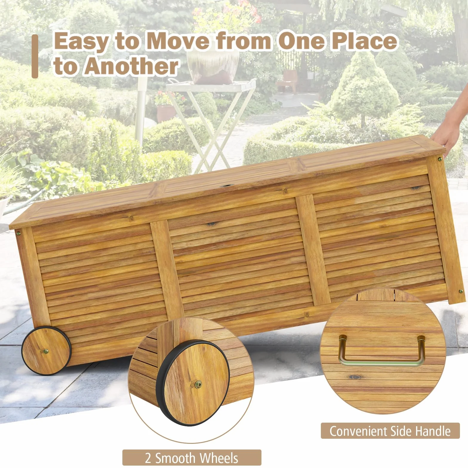 HOMASIS Baúl de jardín 182 l con ruedas madera de acacia impermeable 150 kg carga