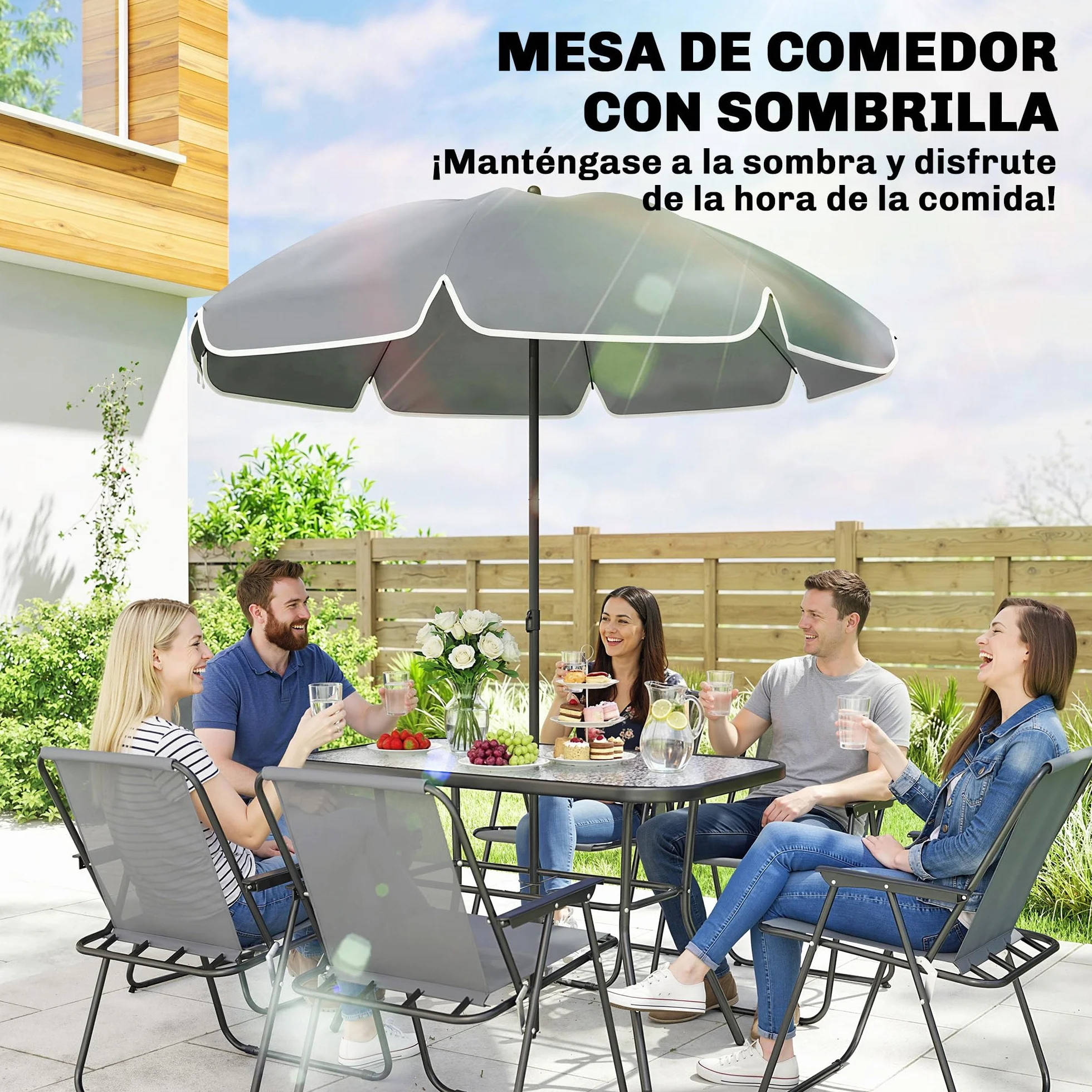 Outsunny Conjunto de Mesa y Sillas Jardín 8 Piezas, Muebles Exterior con Sombrilla, Sillas Plegables, Mesa Vidrio Templado, Gris