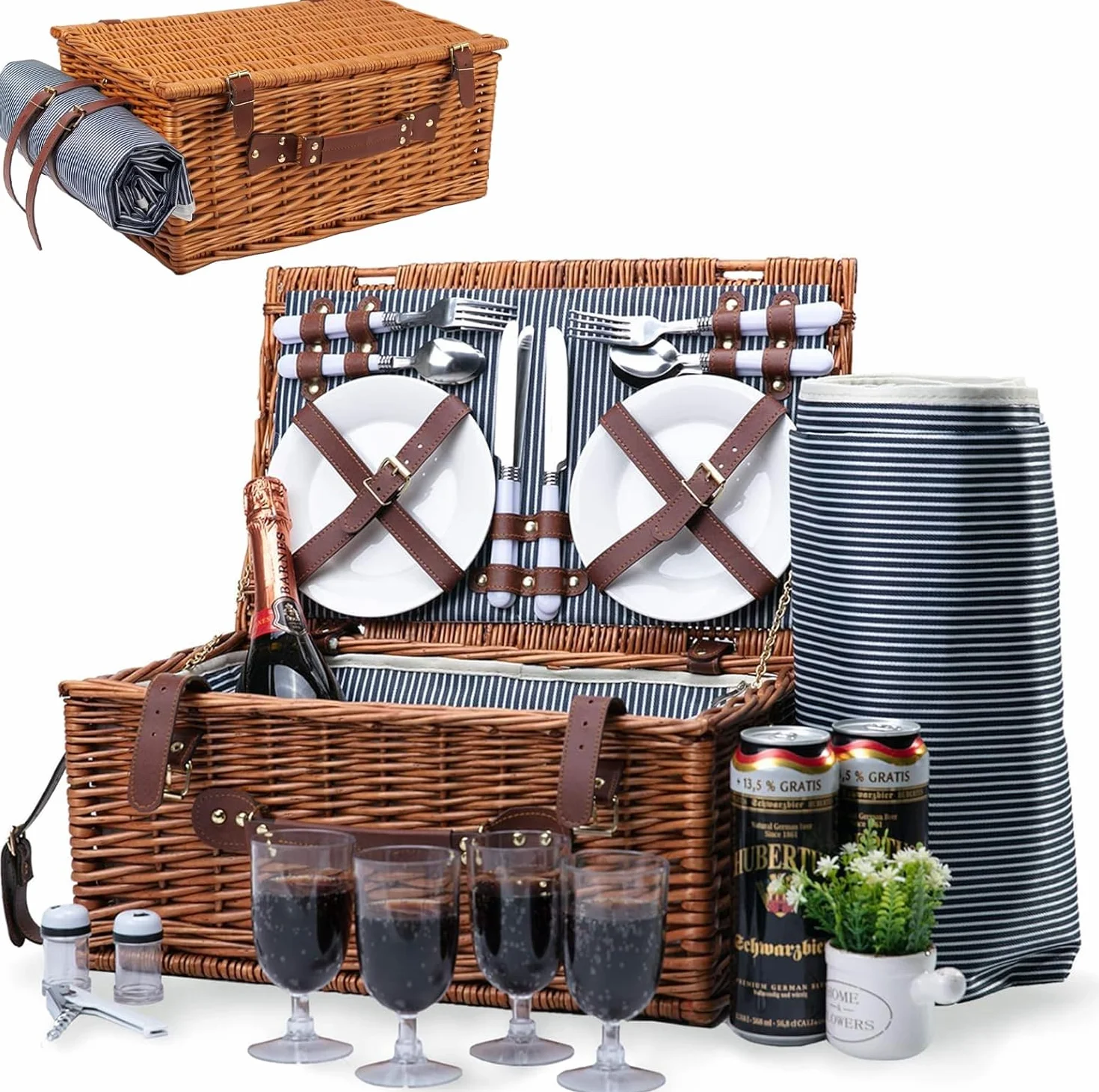 Cesta de Picnic de Mimbre para 4 Personas con Compartimento Aislado, Manta de Picnic Impermeable y Kit de Cubiertos, Canasta de Picnic para Camping, Excursiones