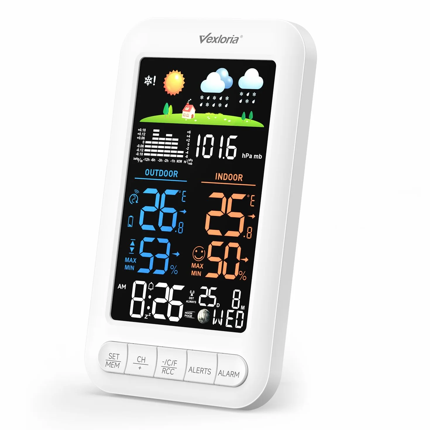Estación Meteorológica Inalámbrica Vexloria con Sensor Exterior, Radio Reloj DCF, Termómetro Higrómetro Interior, Pronosticador del Tiempo Blanco