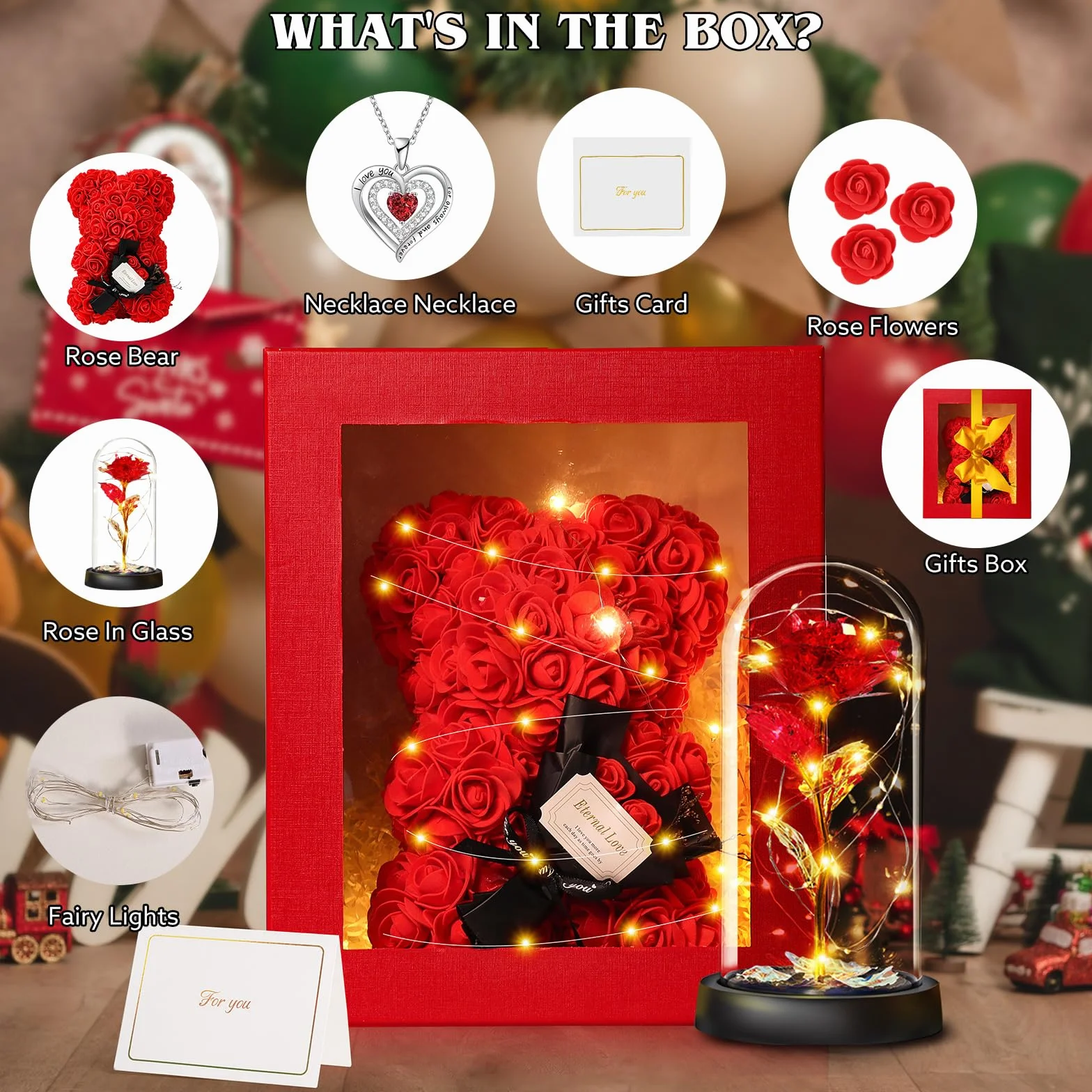Rosa Eterna Oso Rosa Collar Caja Regalo Madre Mujer Aniversario Cumpleaños