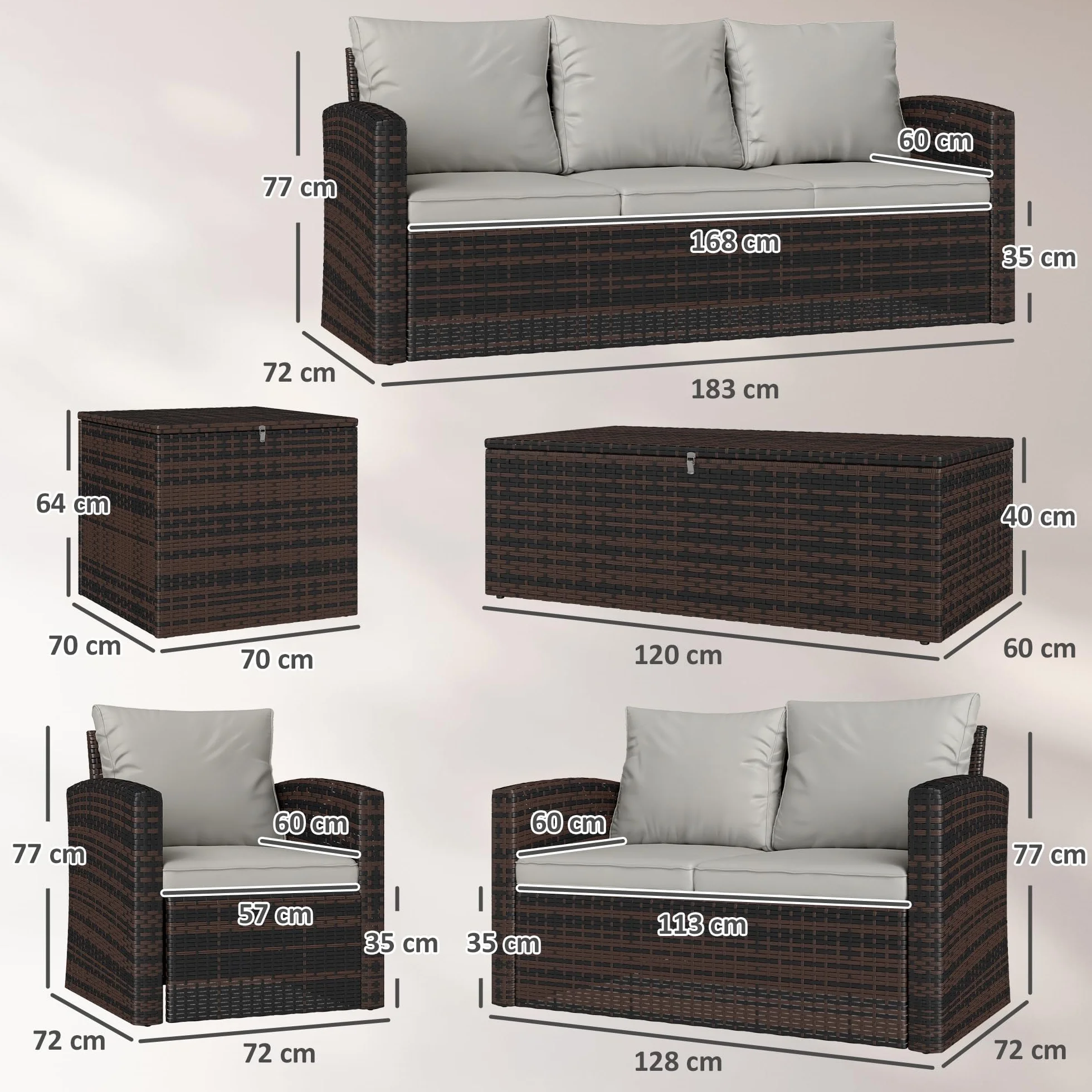Outsunny Conjunto de Jardín Exterior de Ratán 6 Piezas con Cojines, Sofá Doble, 3 Plazas, 2 Sillones, 2 Mesas, Beige