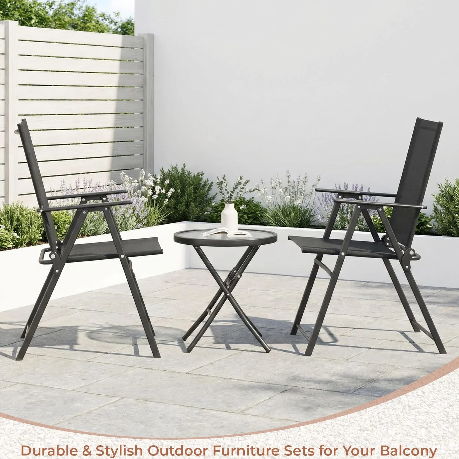 LIFERUN Set de Balcón 3 Piezas Metal, Bistró Plegable con 2 Sillas y Mesa de Vidrio, Muebles de Jardín Exterior Negro