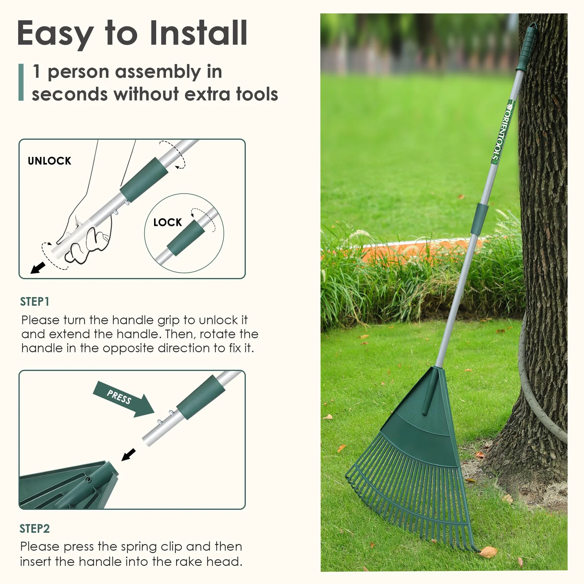 ORIENTOOLS Rastrillo de Hojas de Jardín, Mango de Acero Ajustable, 26 Dientes, 110-168 cm