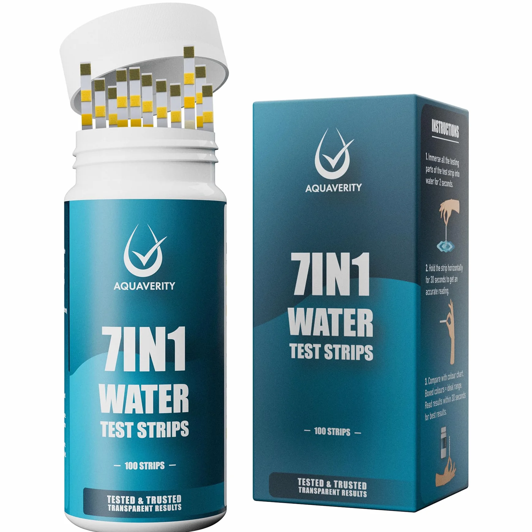 Tiras Reactivas Piscina, 100 Tiras Reactivas Para Piscina y Spa Para Alcalinidad Total, Dureza, Lloro Libre, Bromo, pH, Acido Cianurico y Cloro Total, Kit de Prueba de Agua Preciso 7 en 1