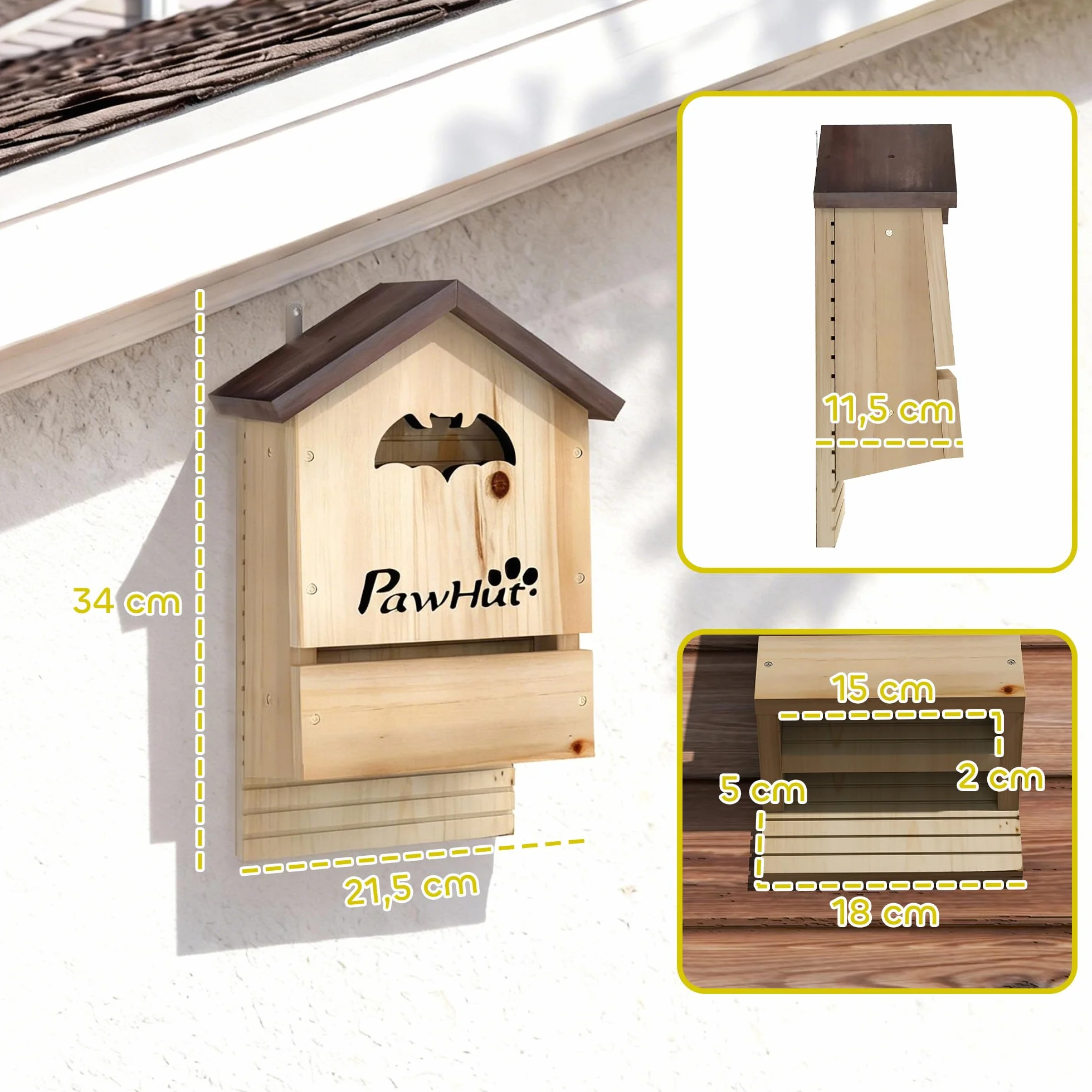 PawHut Caja de murciélagos 3 piezas de madera de abeto, casa de murciélagos para colgar en jardines, huertos, granjas 21,5 x 11,5 x 34 cm