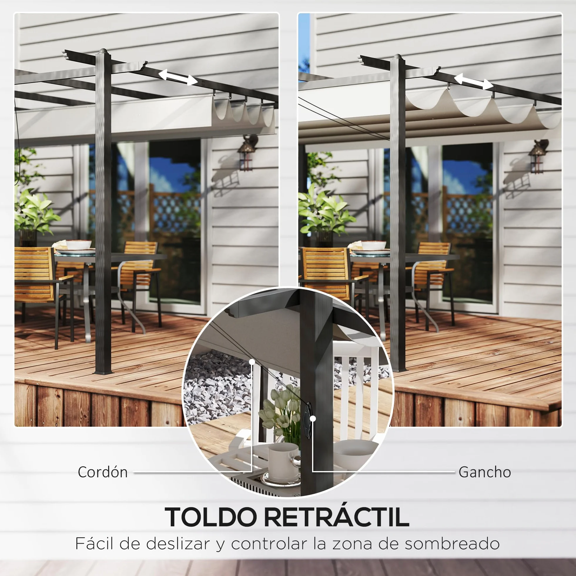 Outsunny Pérgola de Jardín 4x3 m con Techo Retráctil, Cenador de Jardín con Estructura de Aluminio, UPF30+, Orificios de Drenaje, Pabellón para Exterior, Patio, Terraza, Gris