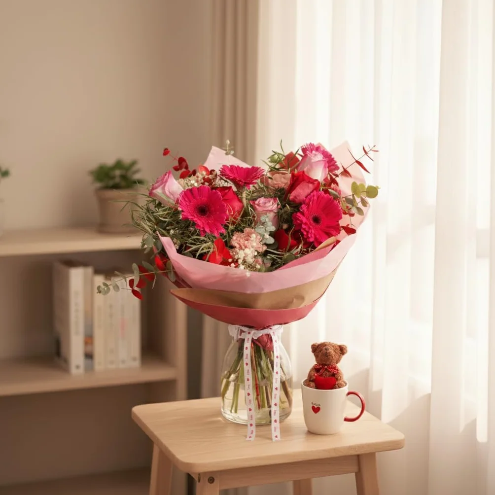 Ramo de Flores Naturales Gerberas con Taza y Peluche Regalo San Valentín