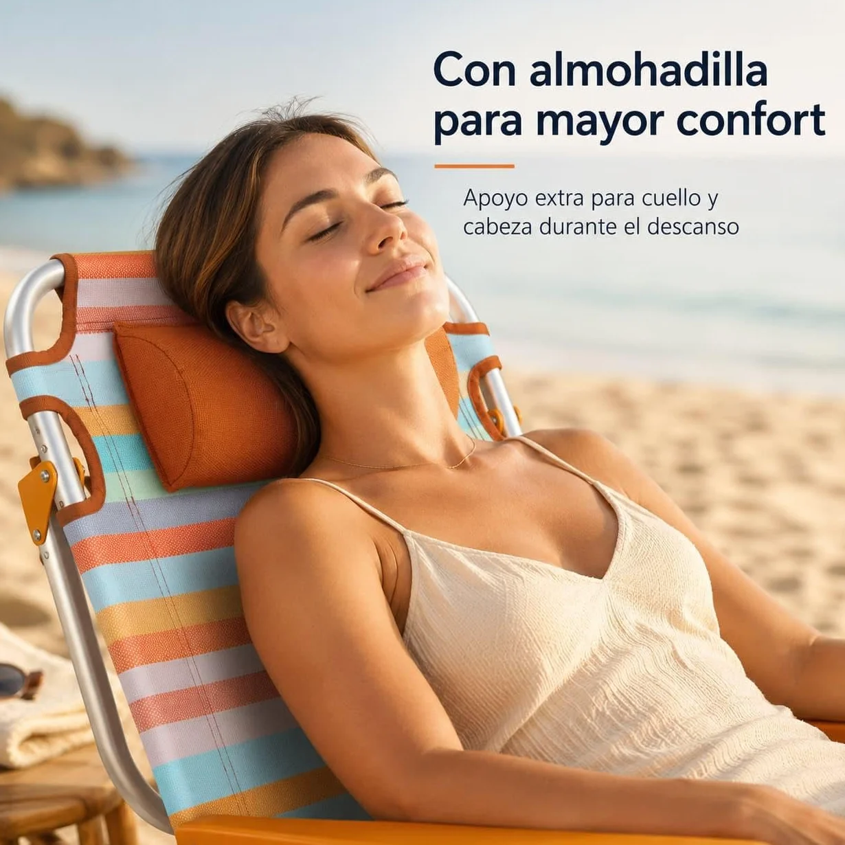 Silla de Playa Plegable Aluminio Reclinable Mochila 22cm Altura Asiento 25cm Reposacabezas Ocre Rayada