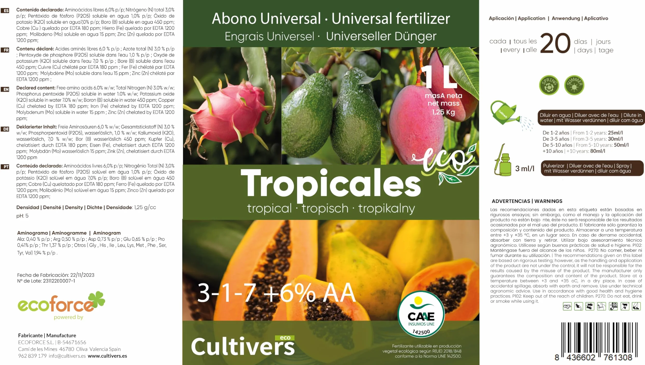 CULTIVERS Fertilizante Tropicales Líquido Ecológico 2x1L Abono Orgánico con Macronutrientes