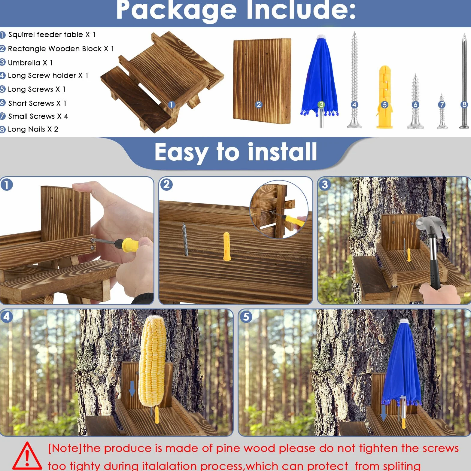 Comedero para ardillas mesa de picnic de madera con sombrilla y estante para maíz jardín patio