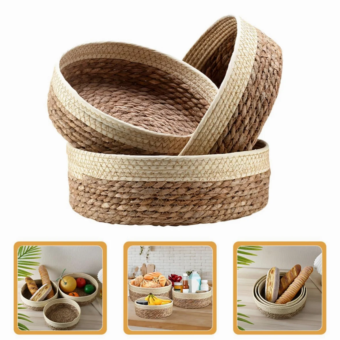YARNOW Cesta de Almacenamiento Tejida de Escritorio, 3 Piezas, Redonda | Papel y Hierba Trenzados, Estilo Rústico Sencillo, para Cocina, Frutas, Hogar y Picnic al Aire Libre