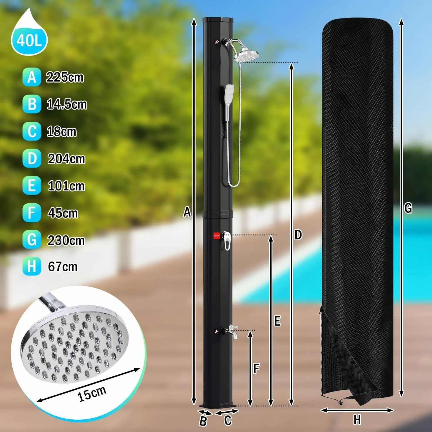 Randaco Ducha Solar Jardín 40L Agua Caliente 60°C Sin Conexión Eléctrica Ducha Piscina Camping