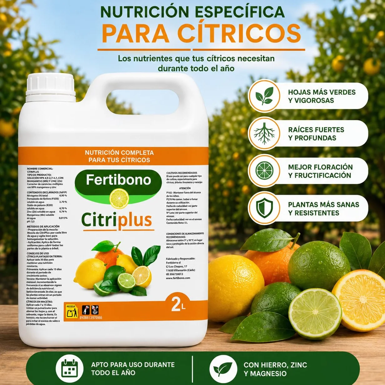 Fertibono CitriPlus Abono Cítricos 2L Rico en Hierro Zinc Magnesio NPK Ecológico