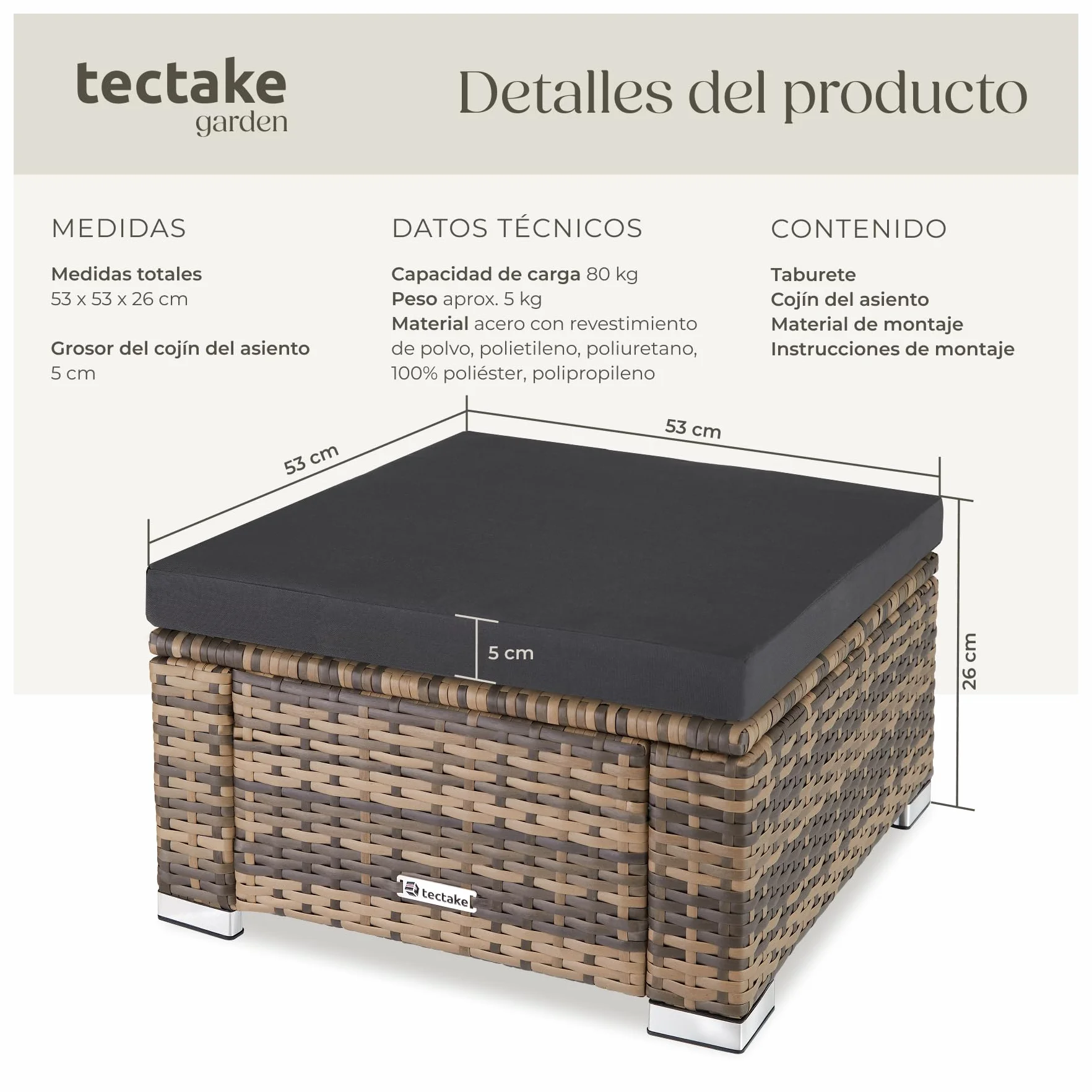 TecTake® Taburete de Ratán y Acero, Muebles Jardín Exterior Resistentes a Intemperie, Puf con Cojines Extraíbles
