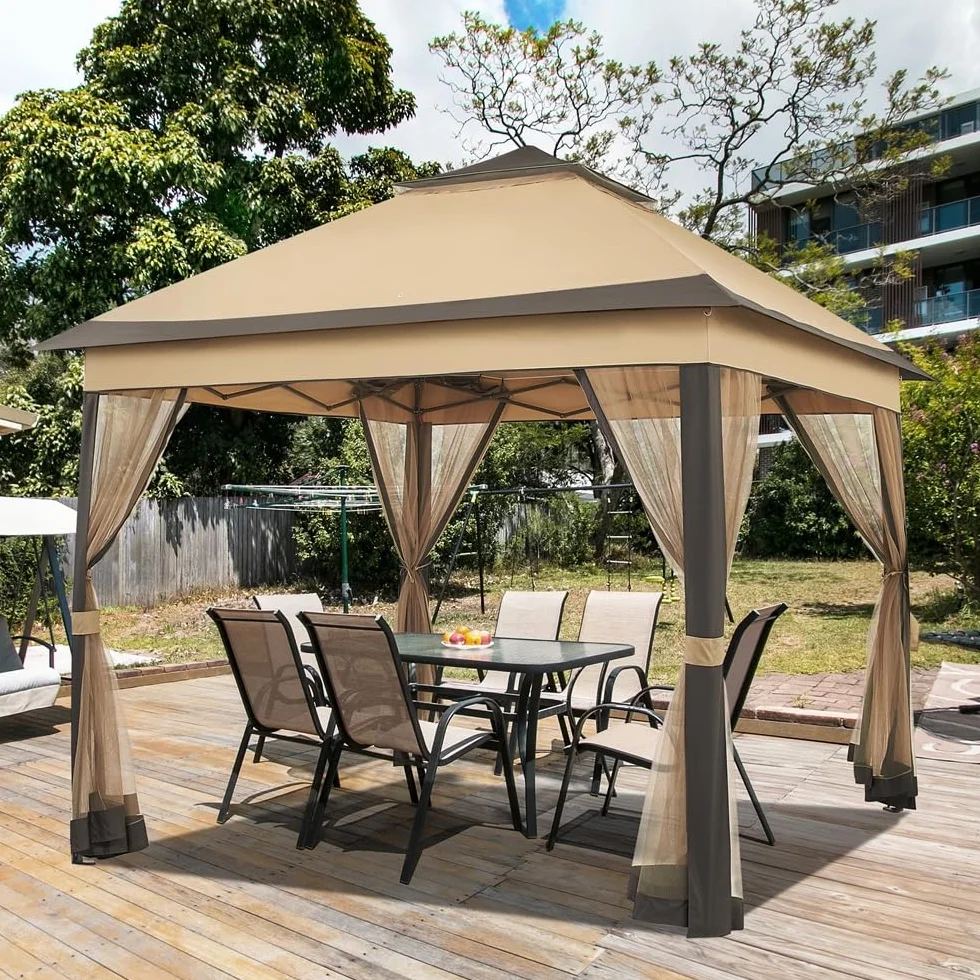 Yaheetech Carpa Plegable 3.3x3.3m Cenador Exteriores con 4 Mosquiteras con Cremallera,Altura Ajustable de 271-291cm,Resistente al Viento,Montaje Rápido,Ideal para Jardín y Patio,Color Caqui