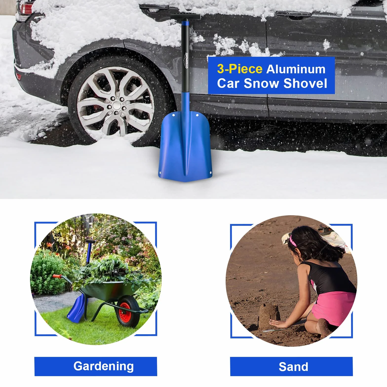 Pala para Nieve OVERMONT Portátil Desmontable Aleación de Aluminio para Coche Jardineria