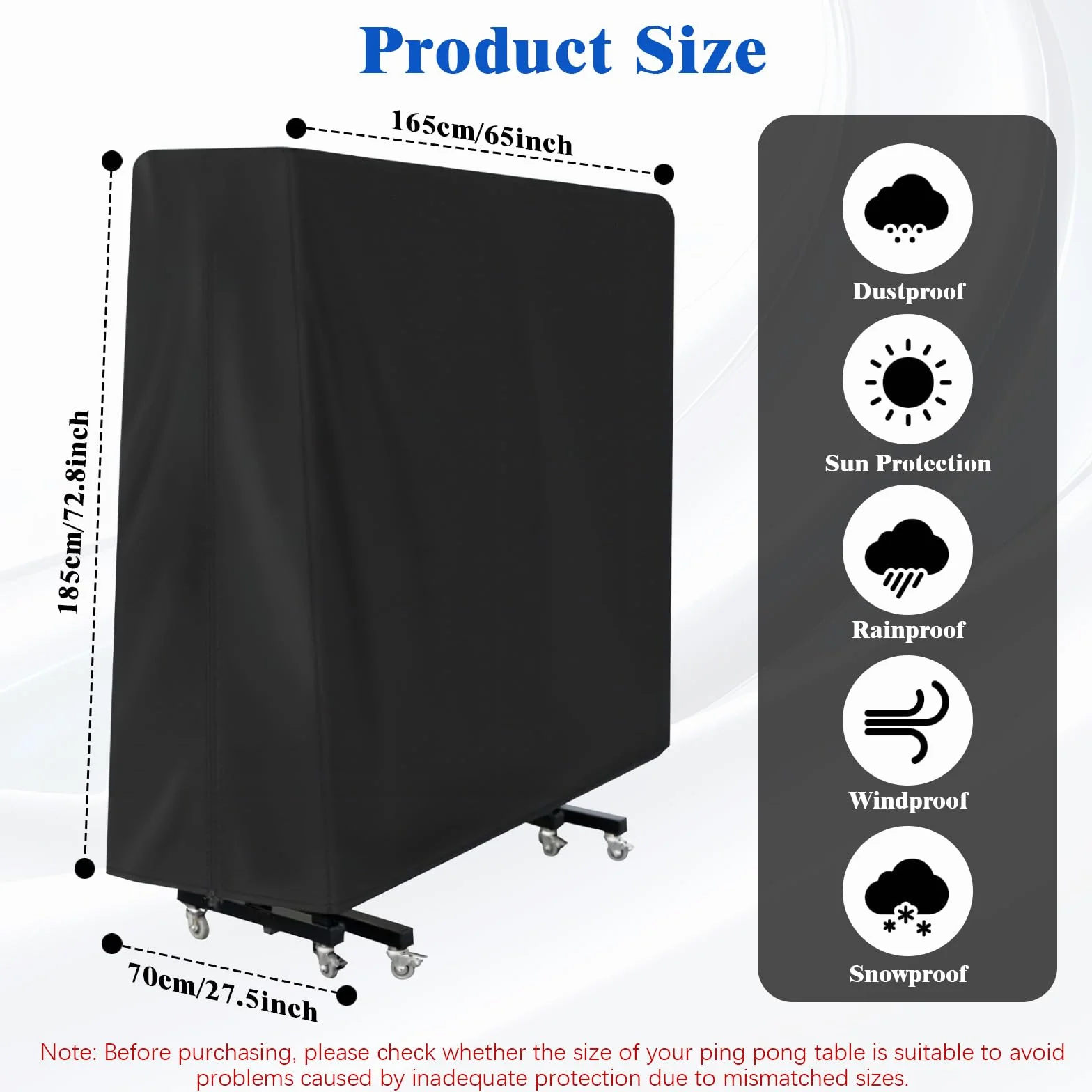 Funda Mesa Ping Pong Exterior 165x70x185cm Oxford Impermeable Plegable Negro