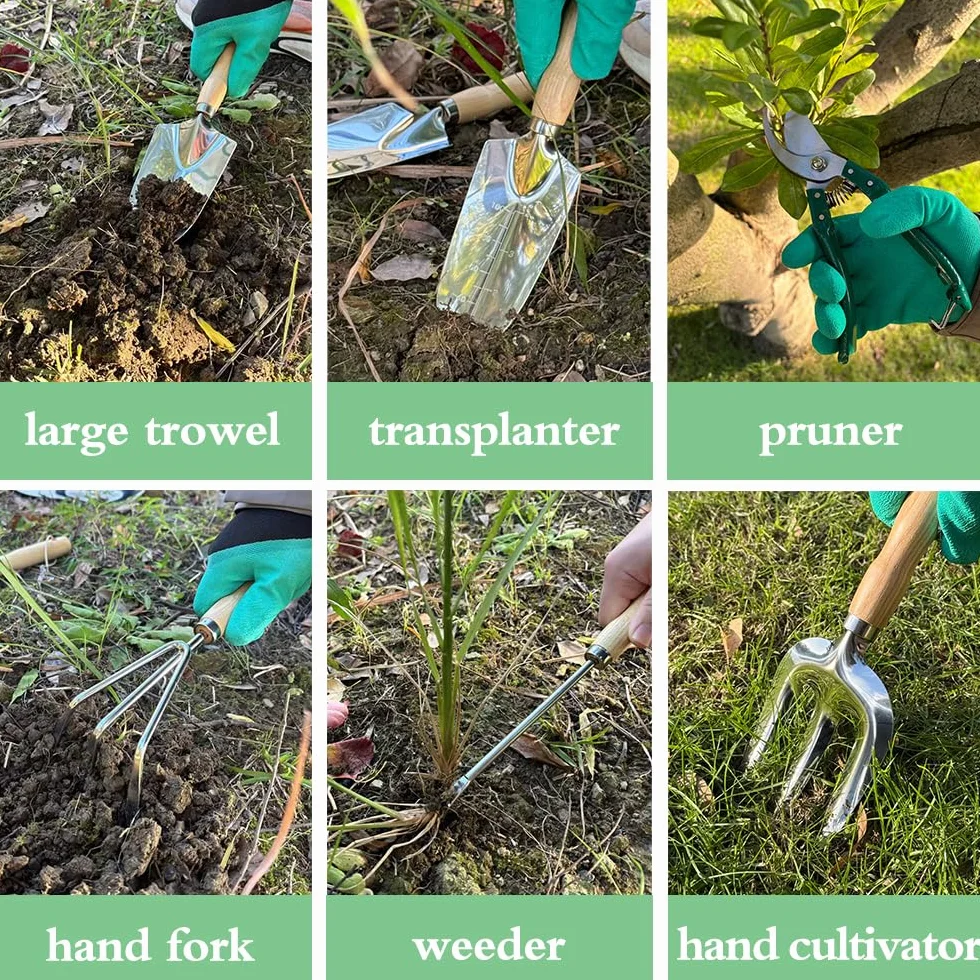 Juego de herramientas de jardín de 10 piezas, herramientas manuales de jardinería de acero inoxidable resistente con alfombrilla de trasplante y bolsas de cultivo, juego de herramientas de jardinería